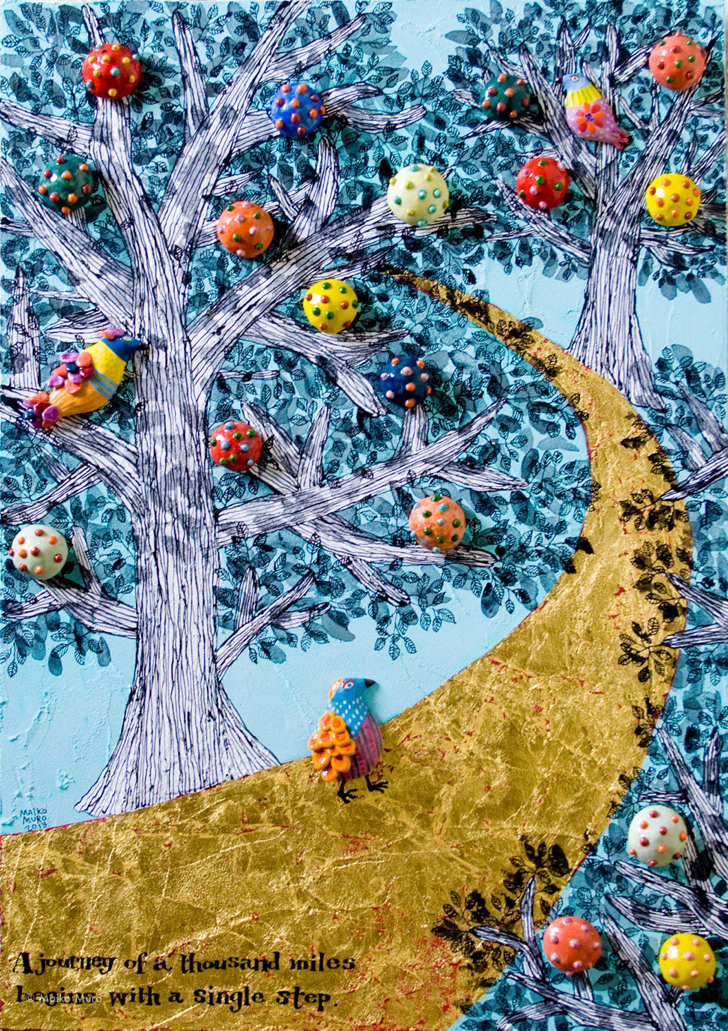 El camino - みち - / 陶、アクリル、インク、金箔、モデリングペースト、木パネル / 59.5 x 42 x 4 cm / 2013 El camino / ceramic, acrylic, ink, gold leaf and modeling paste on wooden panel / 59.5 x 42 x 4 cm / 2013