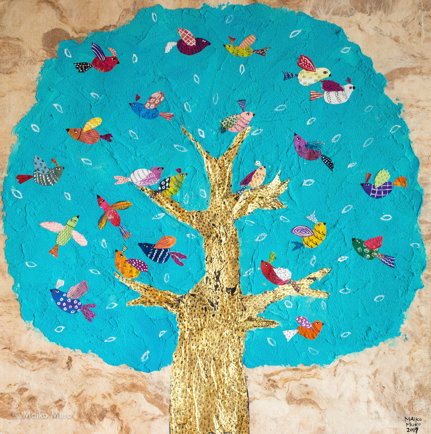 水色の木 / アマテ紙にアクリル、モデリングペースト、インク、金箔、コラージュ / 40 x 40 cm / 2017 a light blue tree / acrylic, modeling paste, ink and gold leaf on amate paper, collage / 40 x 40 cm / 2017