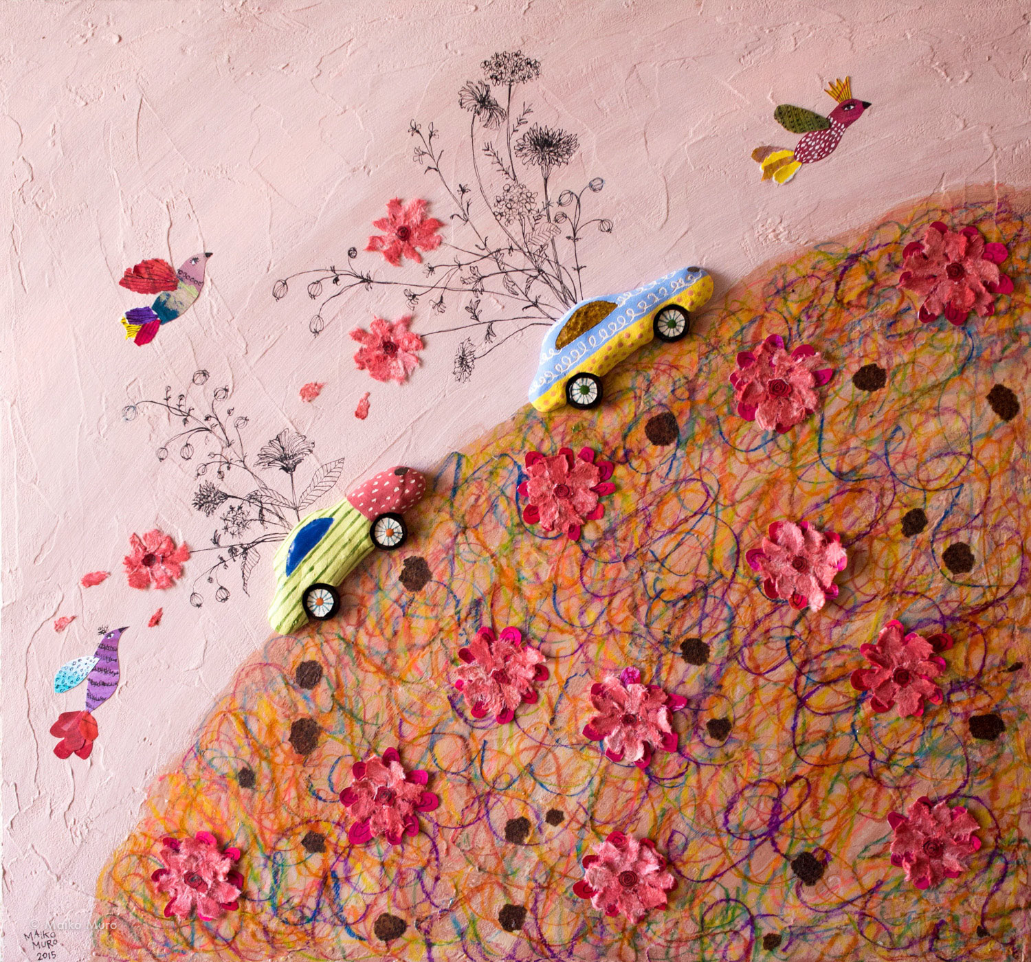 花畑を走る / 陶、アクリル、インク、色鉛筆、モデリングペースト、アマテ、木パネル / 40.3 x 43.5 x 3 cm / 2015 corriendo en el campo de las flores / ceramic, ink, acrylic, color pencil, medium, amate paper on wooden panel / 40.3 x 43.5 x 3 cm / 2015