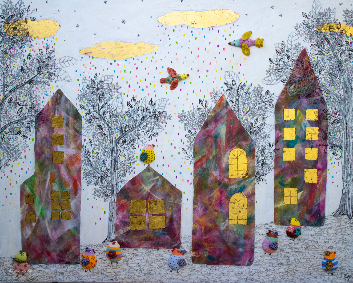 虹の雨 / 陶、アクリル、インク、金箔、グラファイト、色鉛筆、モデリングペースト、木パネル / 72.7 x 91 x 4.5 cm / 2018 lluvia de colores / ceramic, ink, acrylic gold leaf, granite, color pencil and modeling paste on wooden panel / 72.7 x 91 x 4.5 cm / 2018