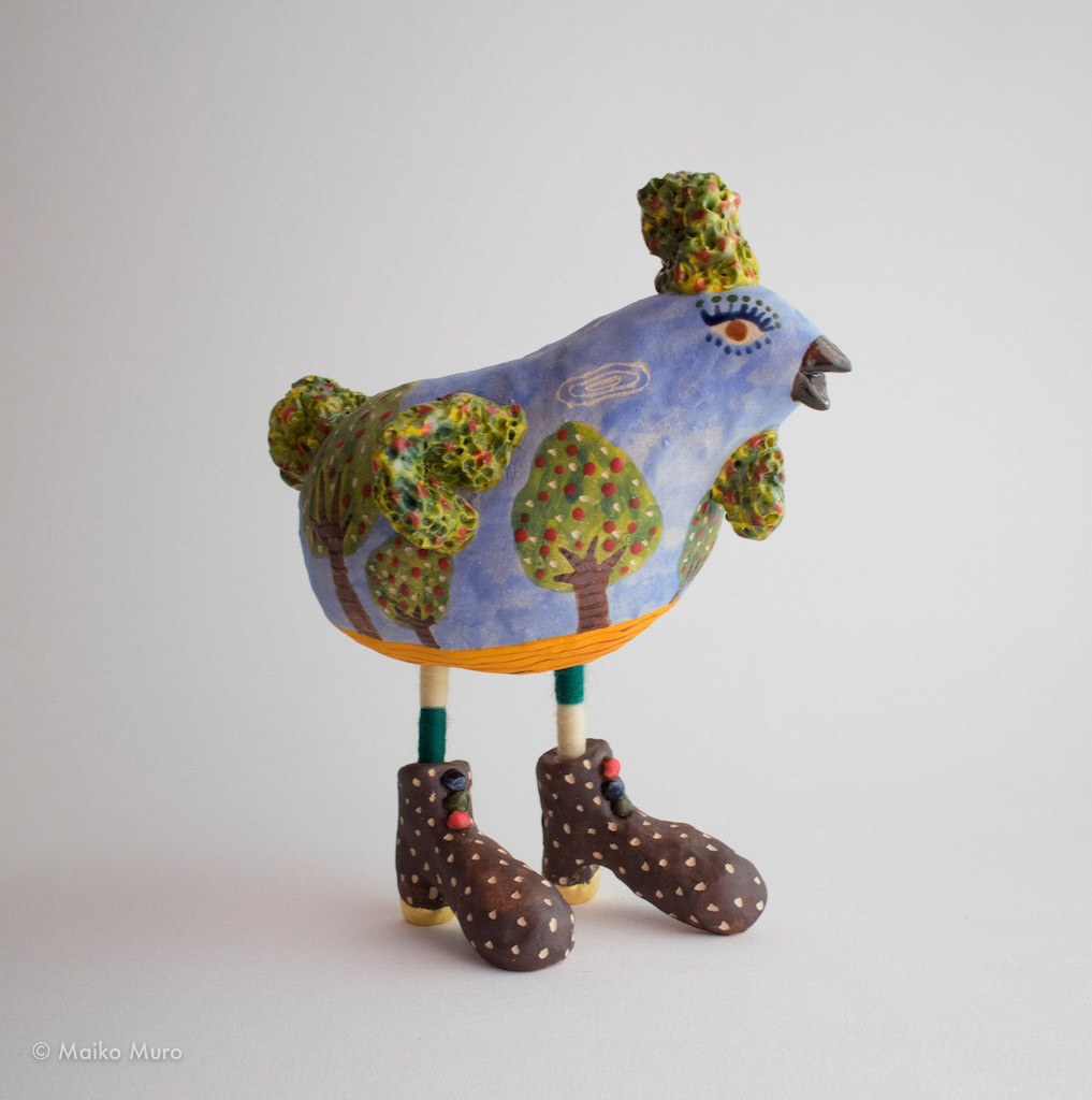 実がなる酉 harvest bird 陶、アルミ、フェルト、金箔 ceramic, aluminium, felt, gold leaf 19.5x10.5x16cm / 2017