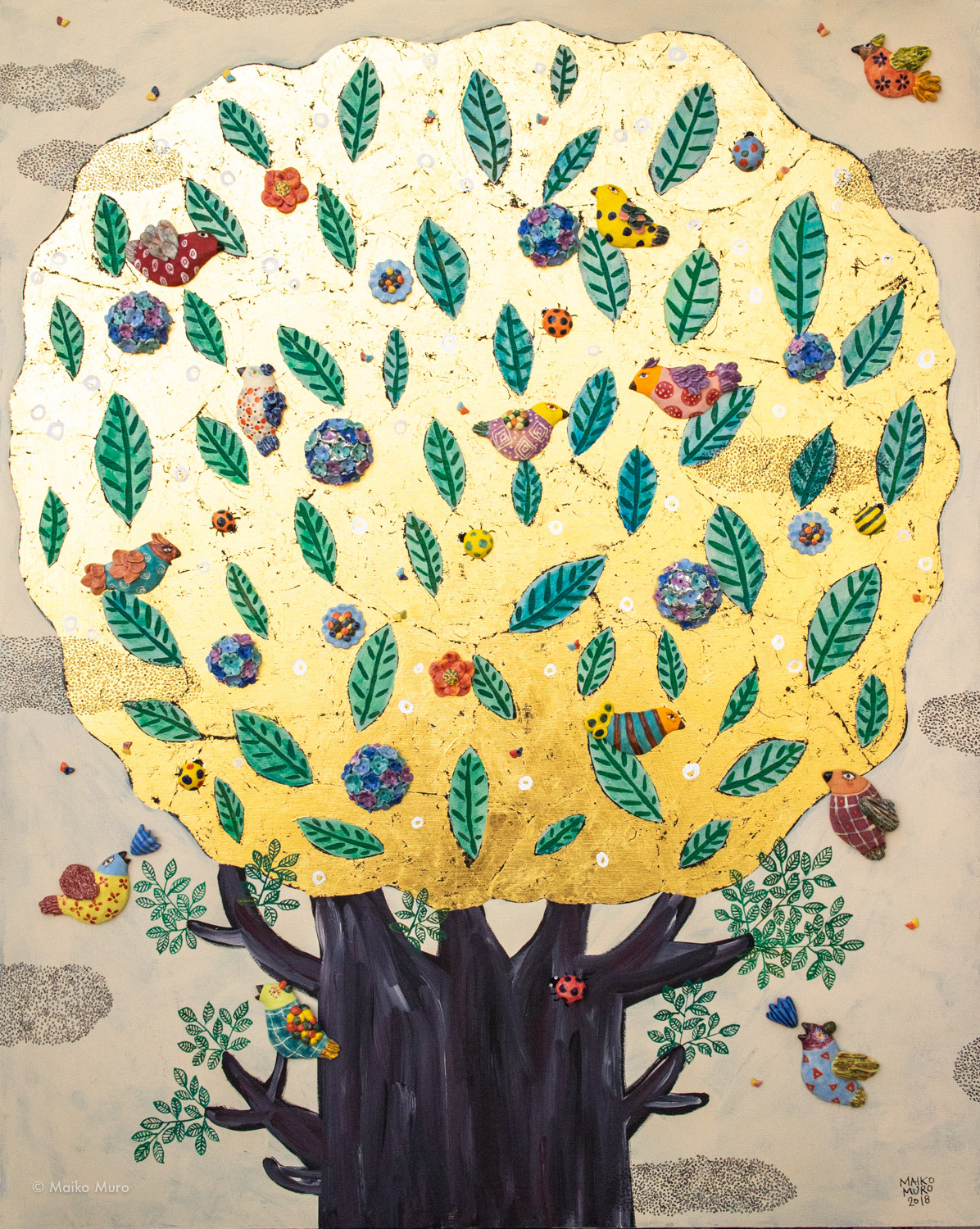 いのちの木 / 陶、アクリル、インク、金箔、木パネル / 91 x 72.7 x 5.5 cm / 2018 árbol de la vida / ceramic, gold leaf, ink and acrylic on wooden panel / 91 x 72.7 x 5.5 cm / 2018