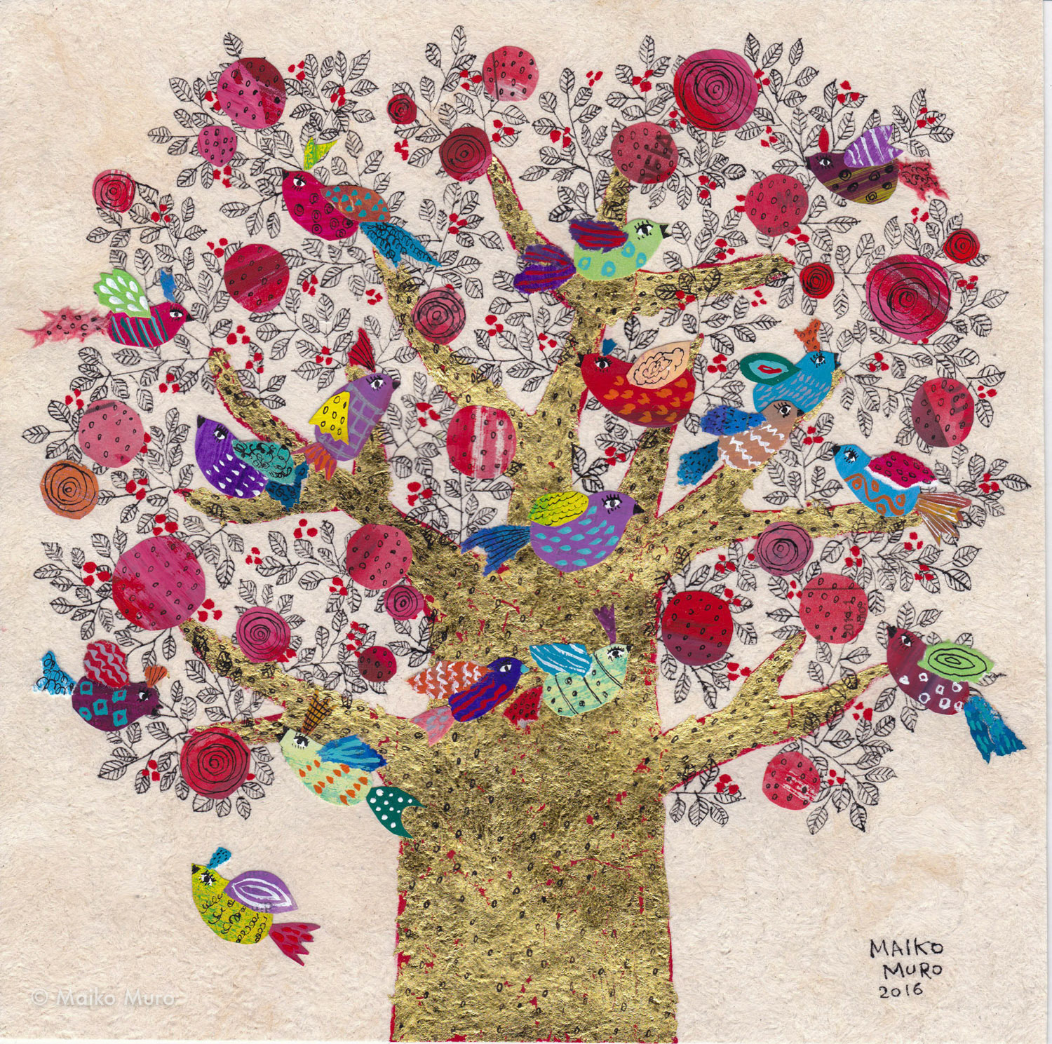 lucky laugh / アマテ紙にアクリル、インク、金箔、コラージュ / 20 x 20 cm / 2016 lucky laugh / acrylic, ink and gold leaf on amate paper, collage / 20 x 20 cm / 2016