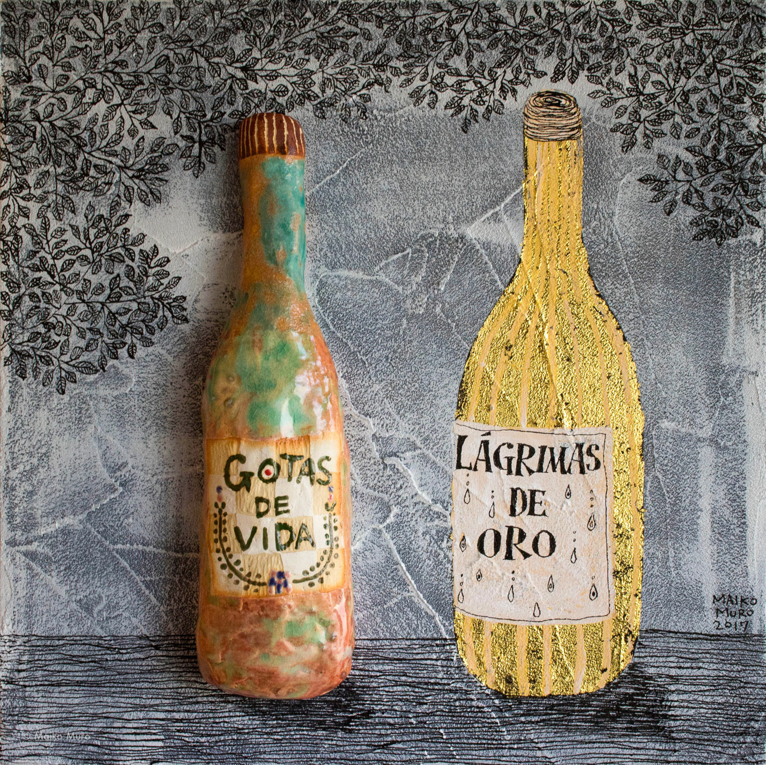 Gotas de vida o lágrimas de oro / 陶、金箔、アクリル、モデリングペースト、インク、木パネル / 30 x 30 x 4 cm / 2017 Gotas de vida o lágrimas de oro / ceramic, gold leaf, ink, acrylic and modeling paste on wooden panel / 30 x 30 x 4 cm / 2017