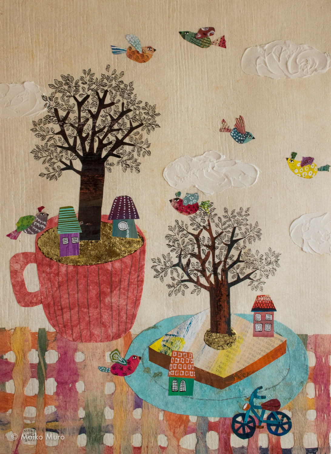 モーニング / アマテ紙にアクリル、インク、金箔、モデリングペースト、鉛筆、コラージュ / 39.8 x 29 cm / 2017 morning / acrylic, ink and modeling paste on amate paper, collage / 39.8 x 29 cm / 2017