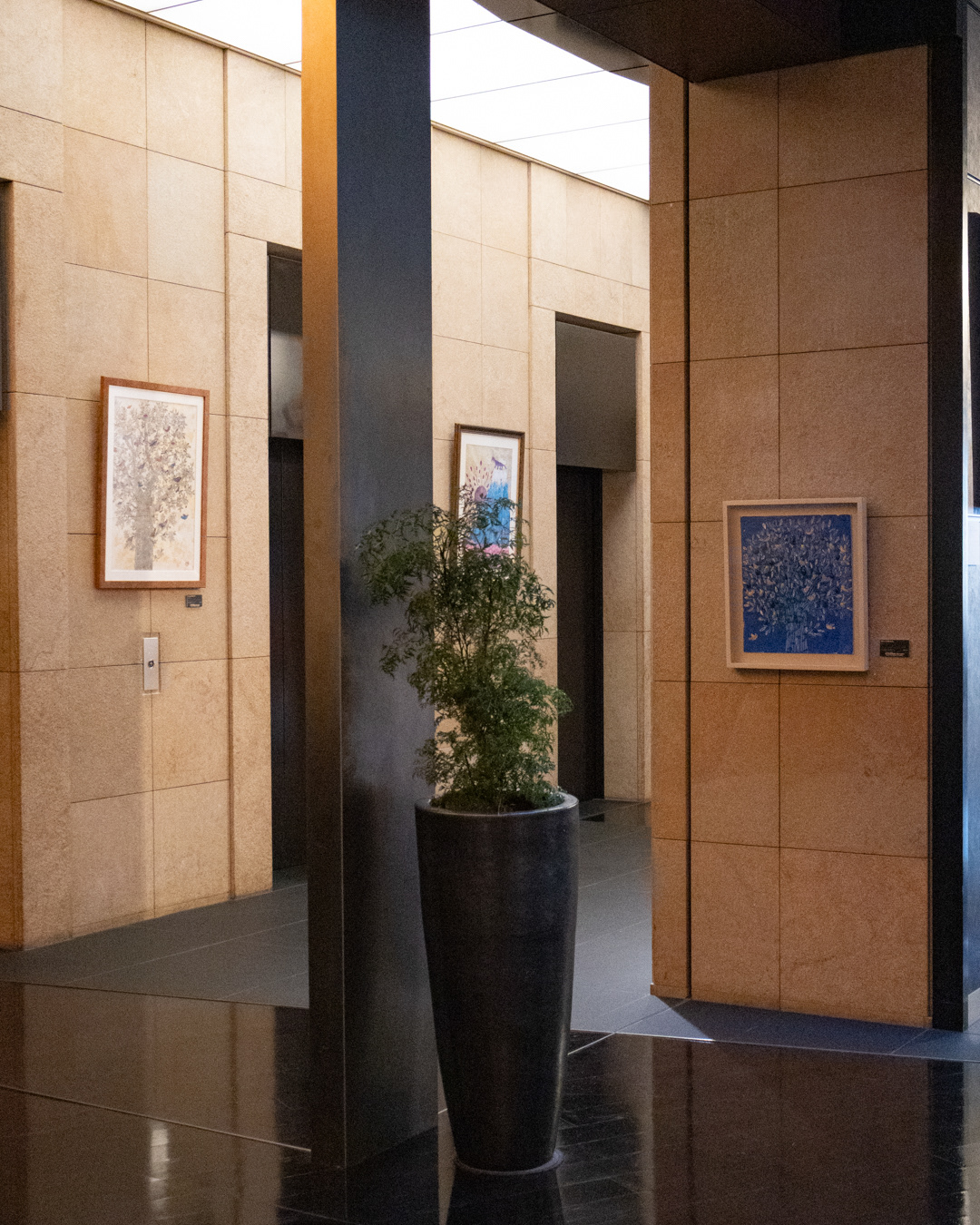 Artworks installed in quiet hotel space