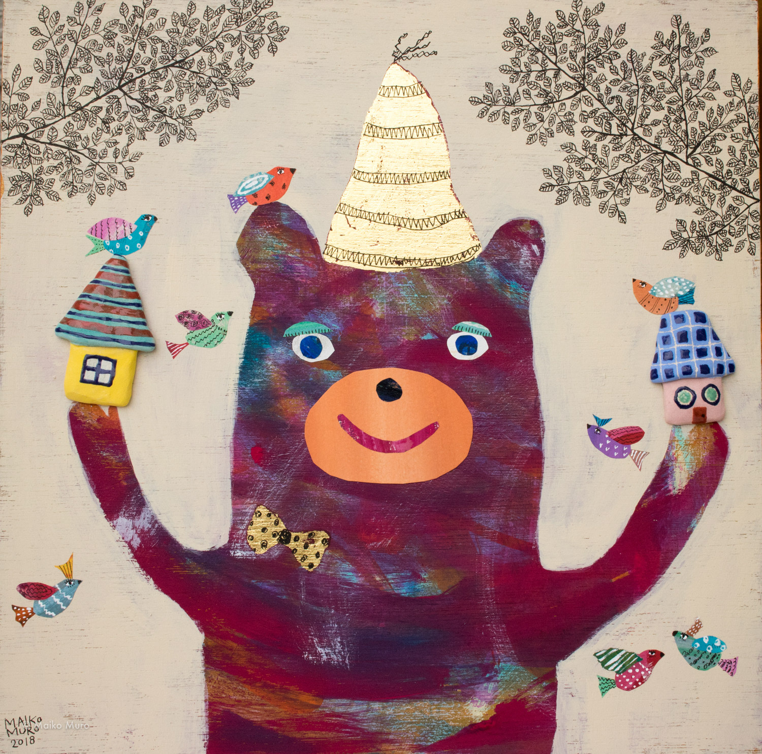 ぼくのいえはきみのいえ / 陶、金箔、アクリル、紙、インク、木パネル / 30 x 30 x 3 cm / 2018 mi casa es tu casa / ceramic, gold leaf, ink, acrylic and paper on wooden panel / 30 x 30 x 3 cm / 2018