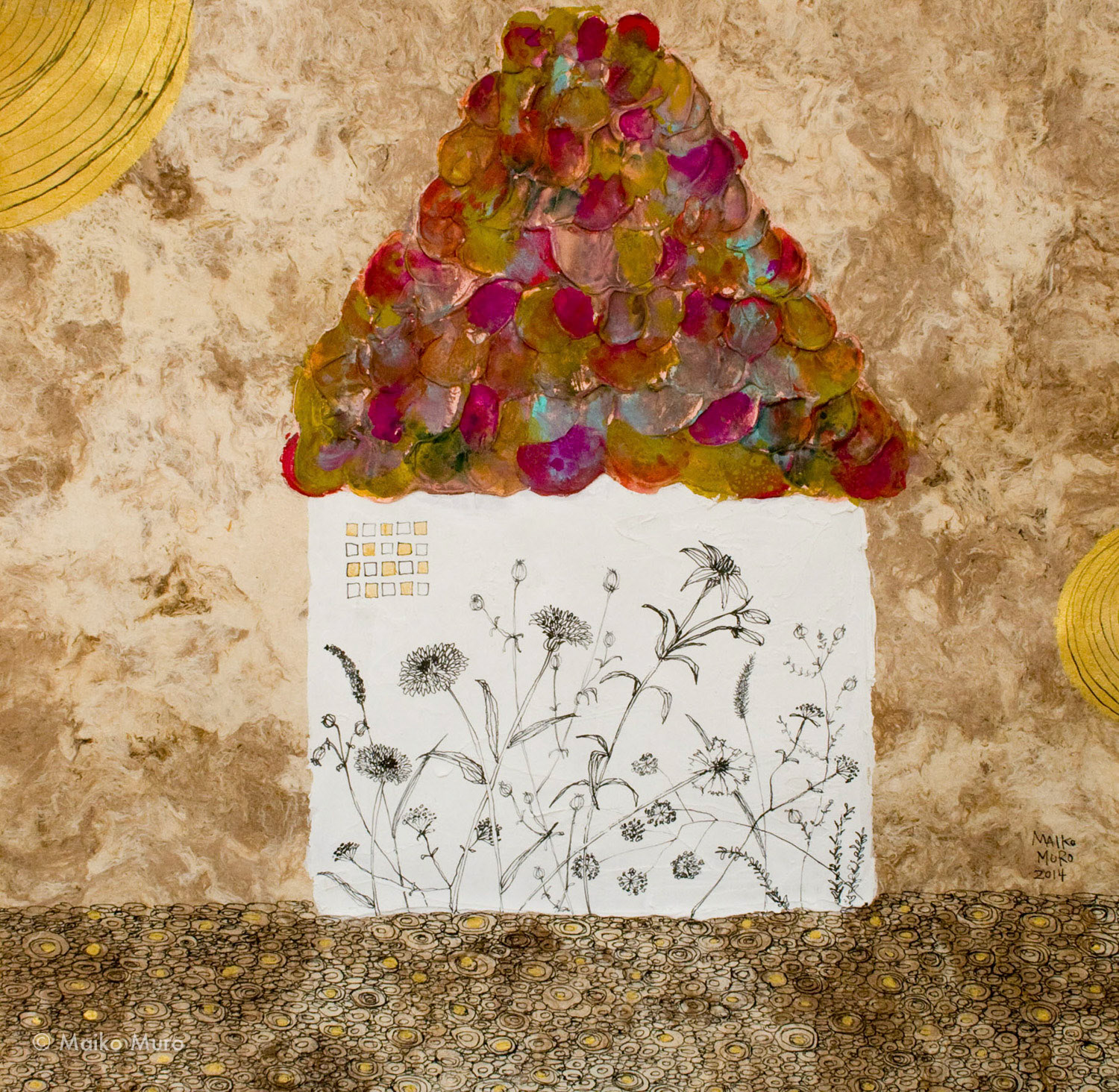 flower house III （アマテ紙にアクリル、インク / 40x40 cm / 2014) flower house III  (aclyric and ink on amate paper / 40x40 cm / 2014)