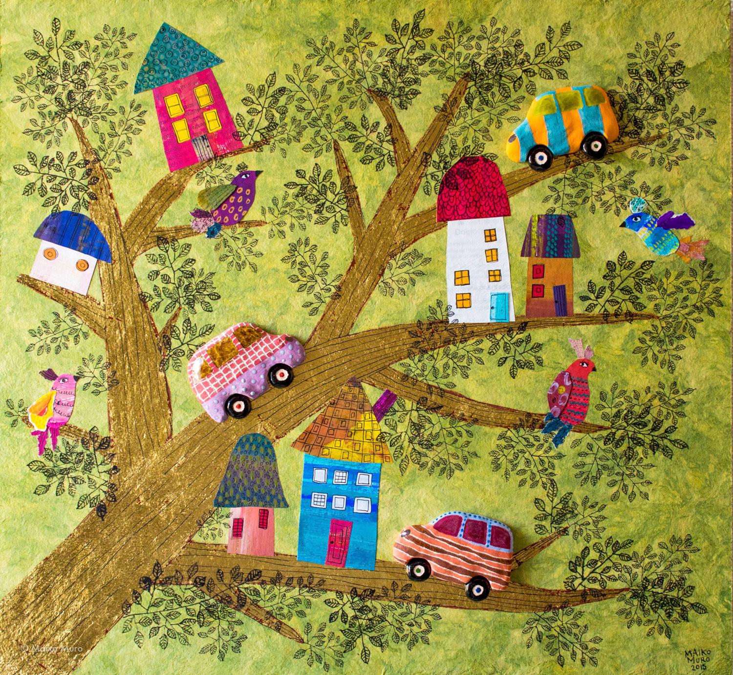 樹々を走る / 陶、アクリル、インク、アマテ、金箔、木パネル / 40.3 x 43.5 x 3 cm / 2015 corriendo en el arbol / ceramic, acrylic, ink, gold leaf and amate paper on wooden panel / 40.3 x 43.5 x 3 cm / 2015