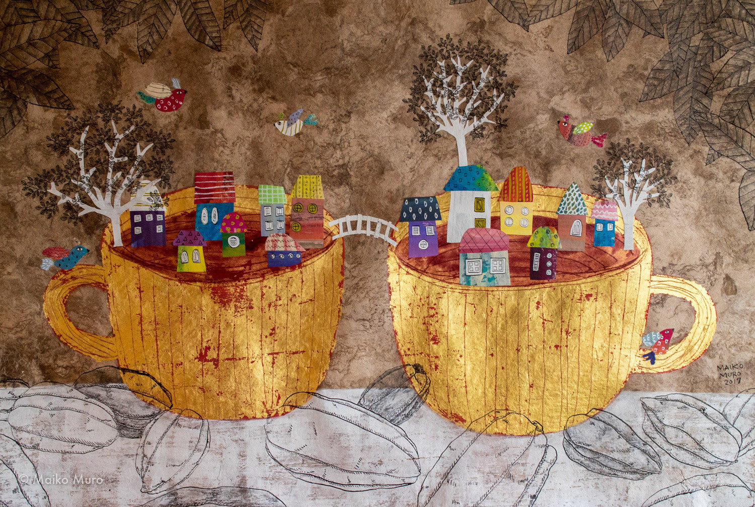 チョコラテの時間 II / アマテ紙にアクリル、インク、金箔、鉛筆、メディウム、コラージュ / 40 x 60 cm / 2017 la hora del chocolate II / acrylic, ink, graphite, medium and gold leaf on amate paper, collage / 40 x 60 cm / 2017