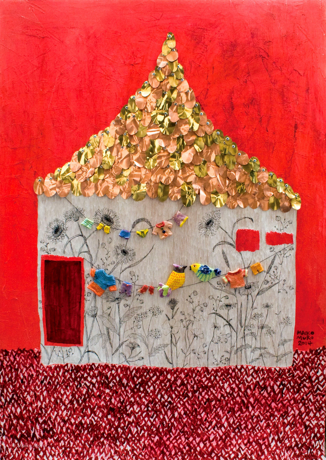 住処 / 陶、銅、真鍮、油絵具、アクリル、インク、糸、木パネル / 103 x 72.6 x 4 cm / 2014 where to live / ceramic, oil painting, acrylic, ink, copper and brass on wooden panel / 103 x 72.6 x 4 cm / 2014