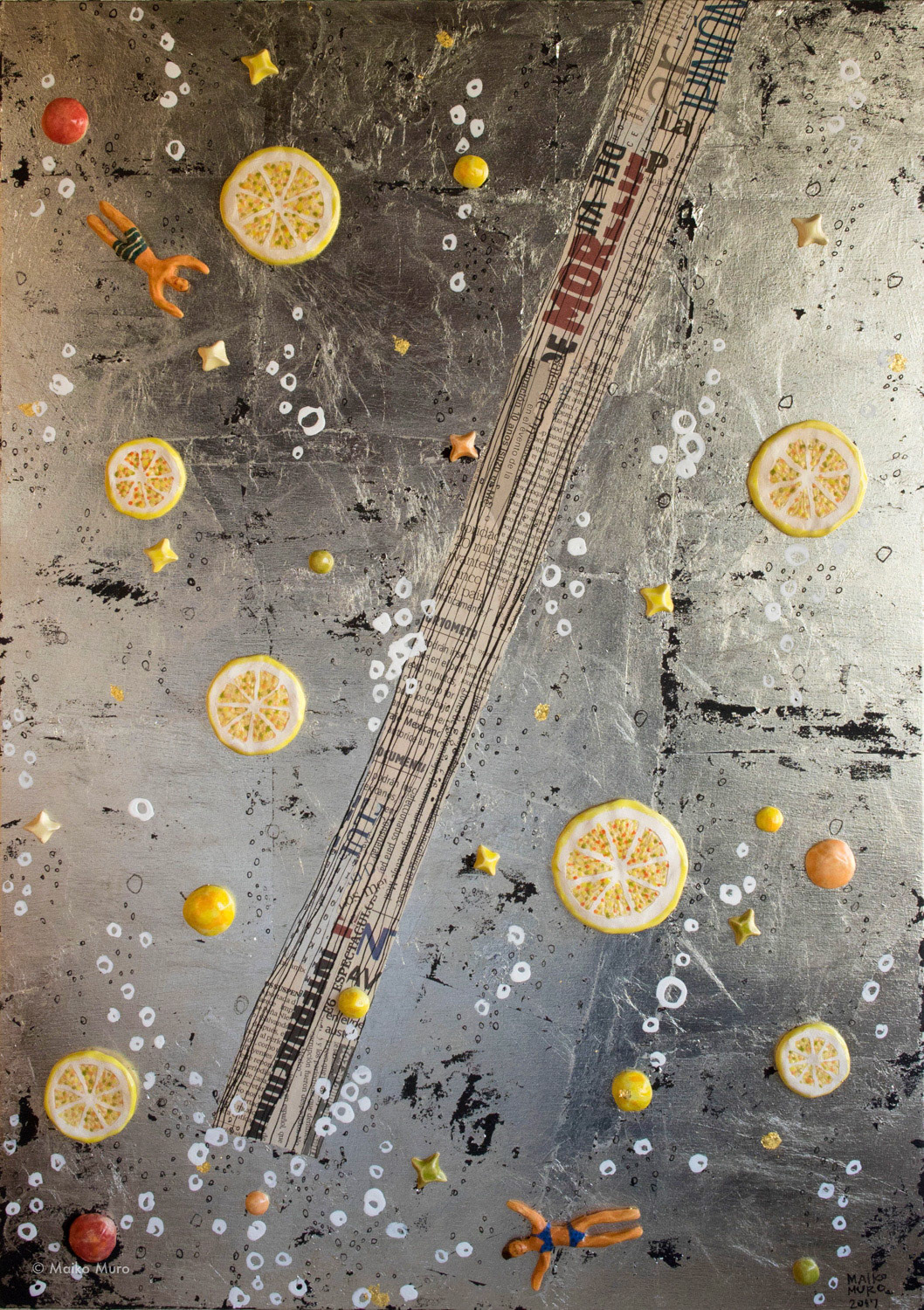 レモネード / 陶、錫箔、アクリル、メディウム、紙、インク、木パネル / 59.4 x 42 x 3 cm / 2017 limonada / ceramic, tin leaf, ink, acrylic, paper and medium on wooden panel / 59.4 x 42 x 3 cm / 2017