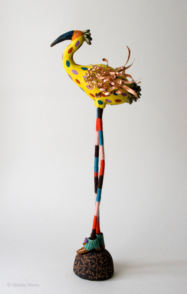 rainbow stork - amarillo 陶、テラコッタ、銅、アルミ、フェルト ceramic, aluminium, copper, felt 46x13x17cm / 2011