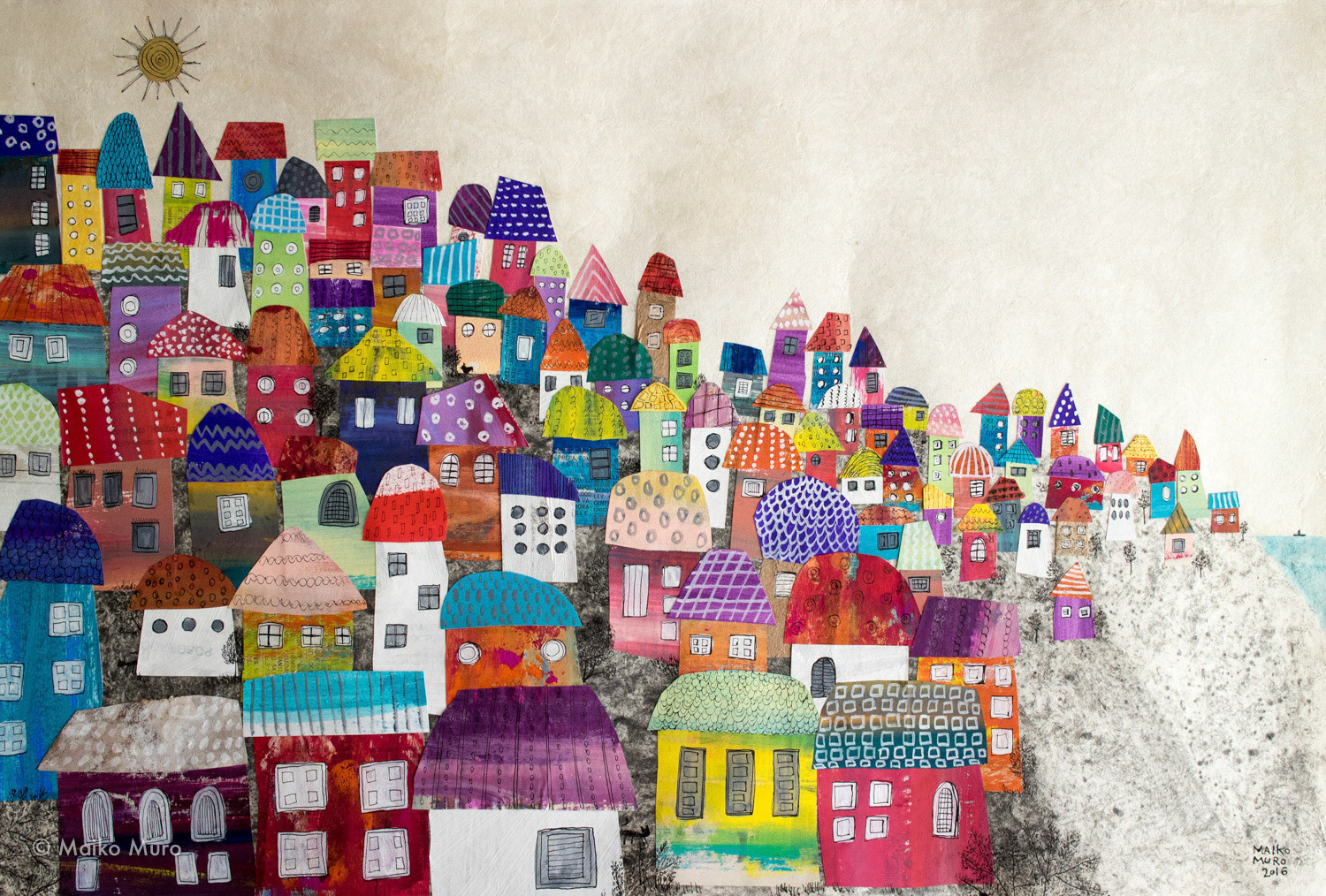 天国の谷 / アマテ紙にアクリル、インク、グラファイト、金箔、コラージュ / 40 x 60 cm / 2016 Valparaiso / acrylic, ink, graphite and gold leaf on amate paper, collage / 40 x 60 cm / 2016