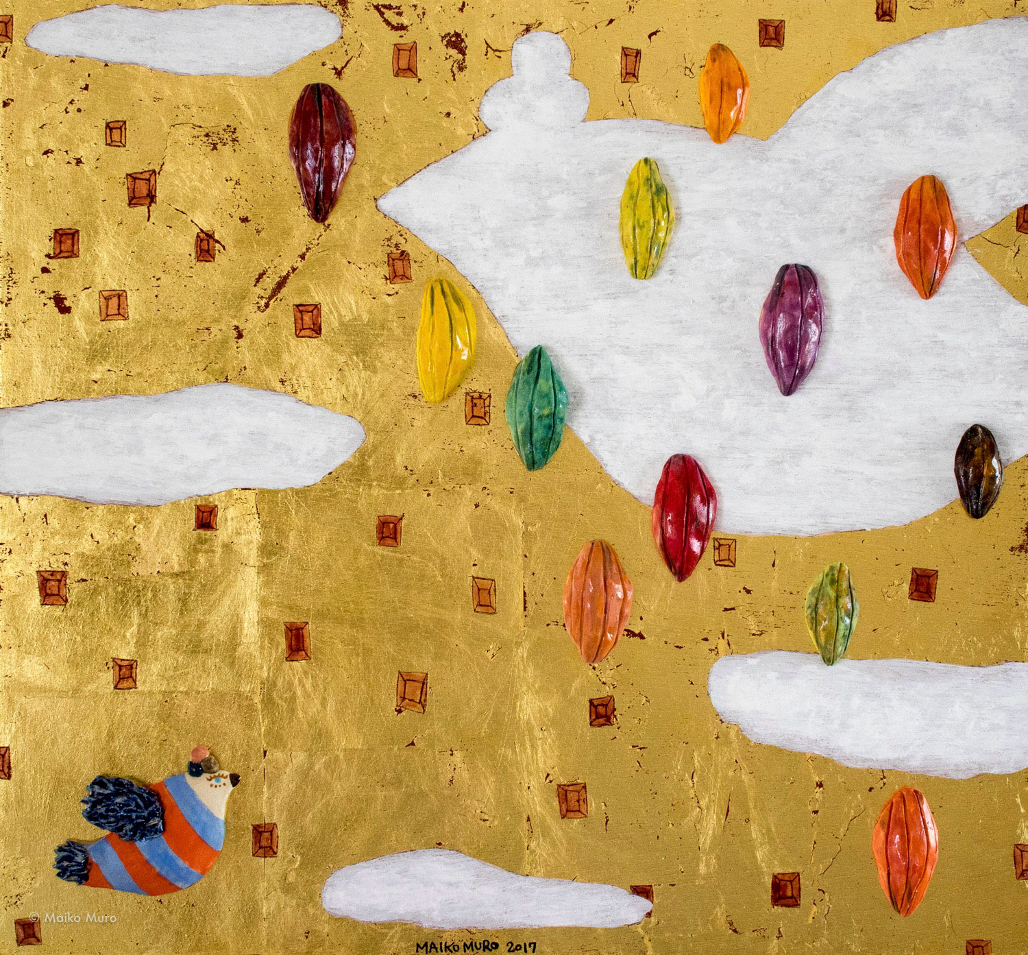 lluvia de cacao / 陶、金箔、アクリル、木パネル / 40.3 x 43.5 x 3 cm / 2017 lluvia de cacao / ceramic, gold leaf, ink and acrylic on wooden panel / 40.3 x 43.5 x 3 cm / 2017