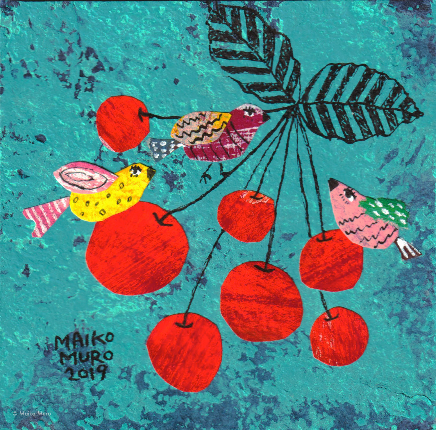 さくらんぼ / アマテ紙にアクリル、インク、コラージュ / 7 x 7 cm / 2019 cherry / acrylic and ink on amate paper, collage / 7 x 7 cm / 2019