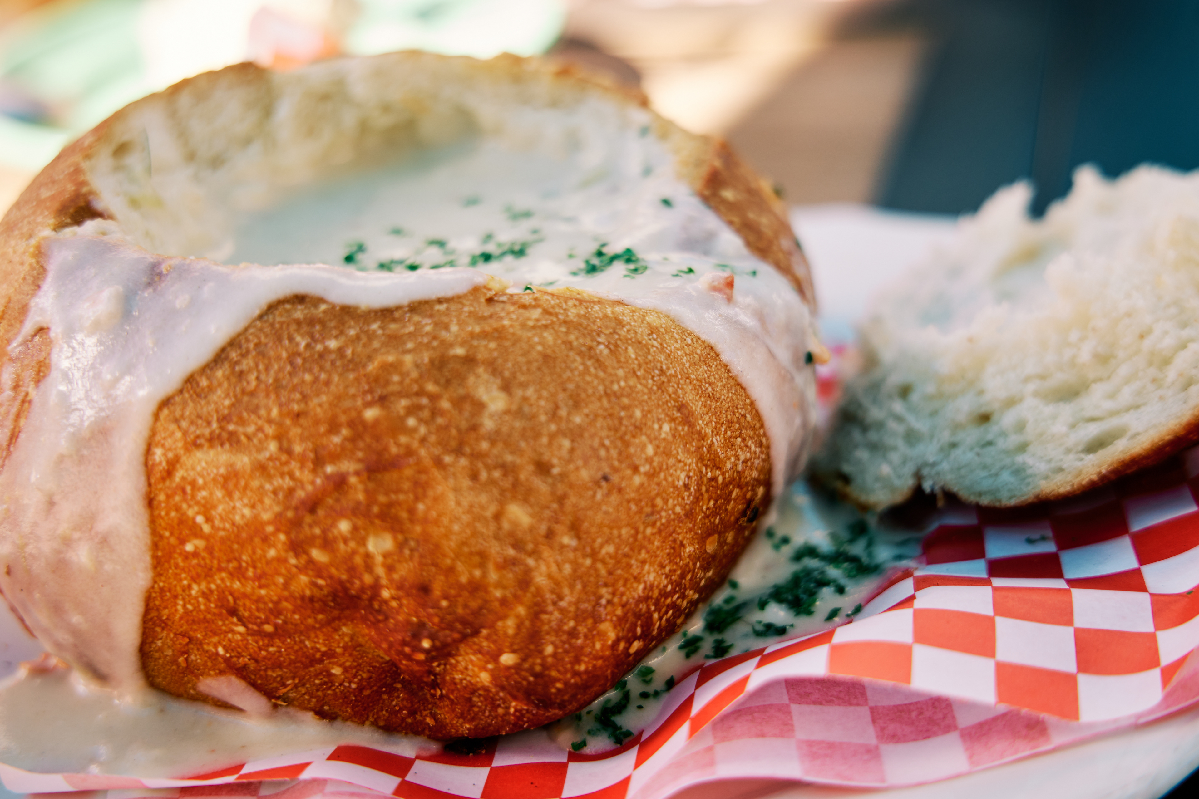 Clam chowder in a sour dough bread bowl, Abalonetti Bar & Grill, Monterey, California - July 2022. Canon EOS R6 | Canon RF 24-105mm F4L IS USM