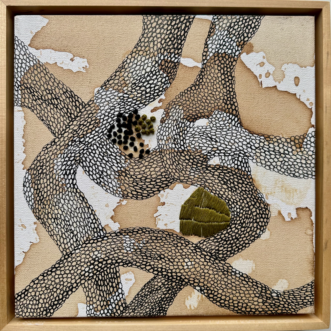 Flow #2; 2020, Coffee, ink and embroidery on canvas, 11" x 11" x 2"