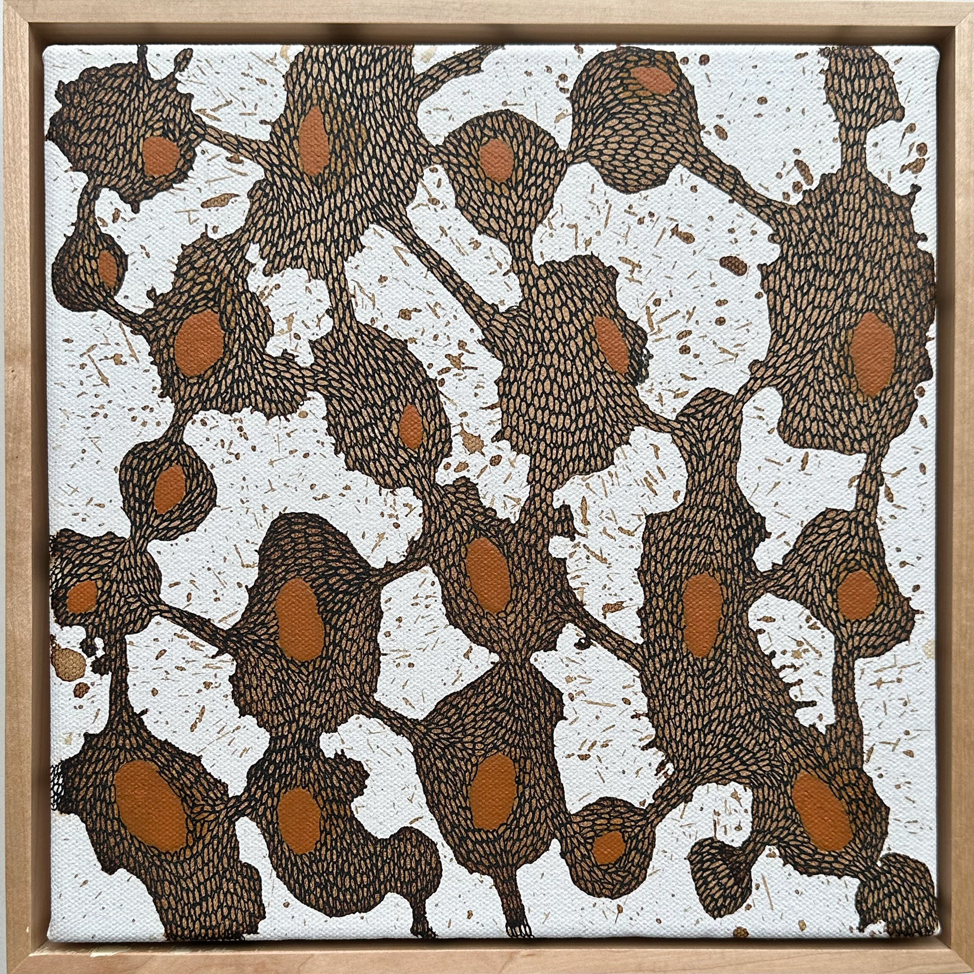 Flow #6; 2021; 11" x 11" x 2" Coffee and ink on canvas.