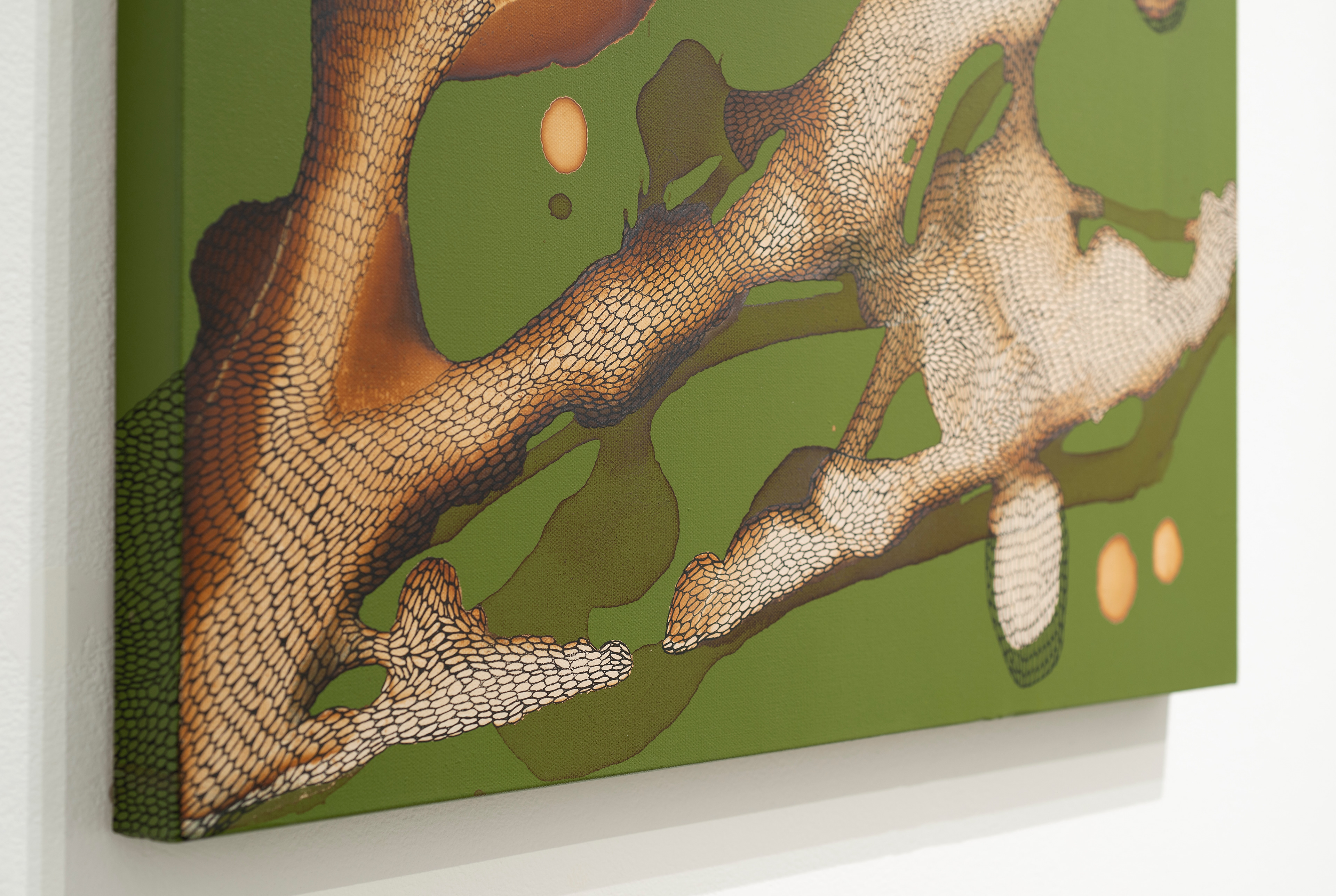 Flow #60 – Entangled, 2025, Acrylic, coffee and ink on canvas, 22” x 28” x 1.5”