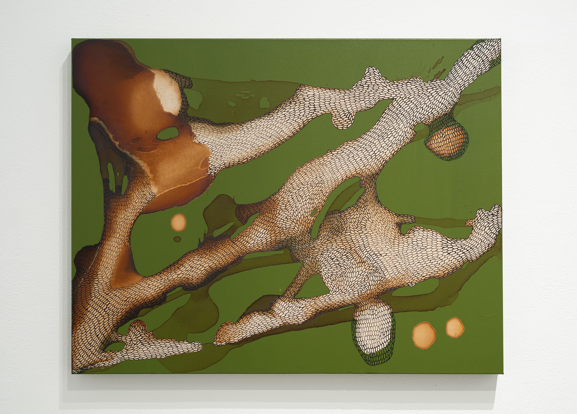 Flow #60 – Entangled, 2025, Acrylic, coffee and ink on canvas, 22” x 28” x 1.5”