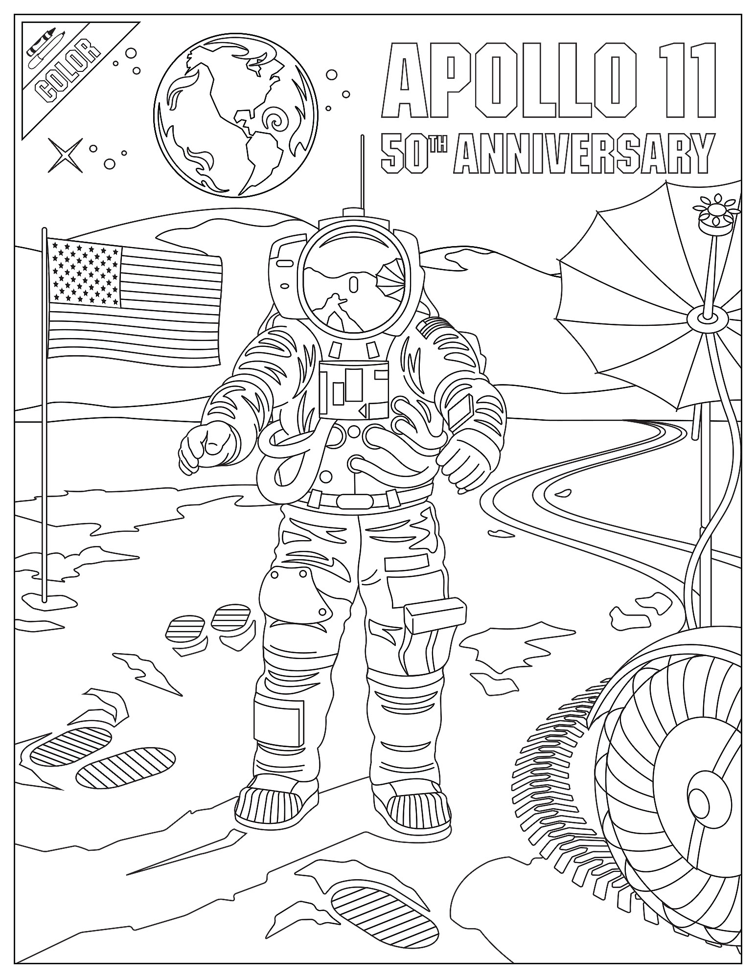 Coloring book page illustration celebrating the 50th anniversary of the moon landing.
