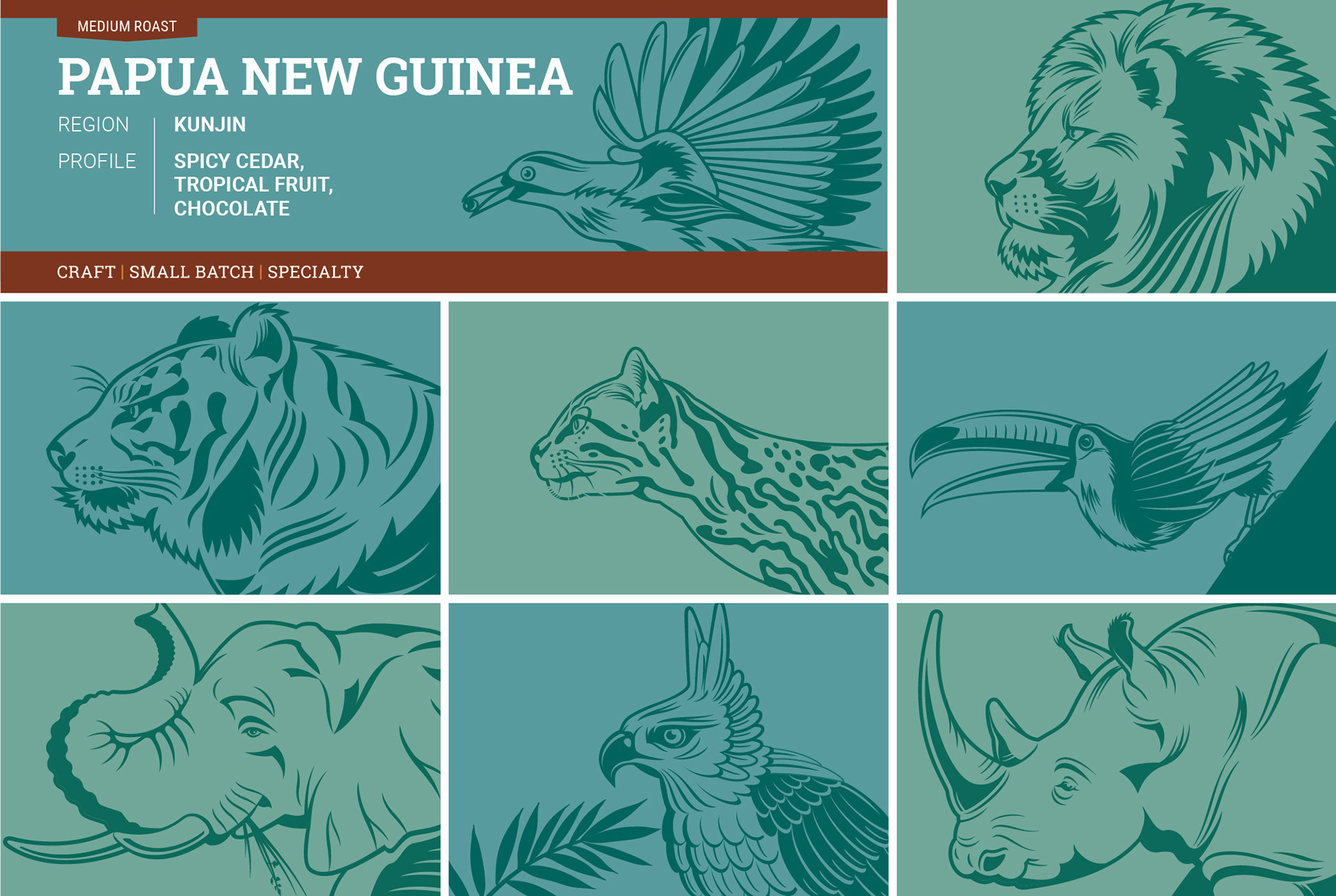 Art direction and illustration.  Designed labels featuring animals from coffee-producing regions across the globe; Conundum Coffee - 2017