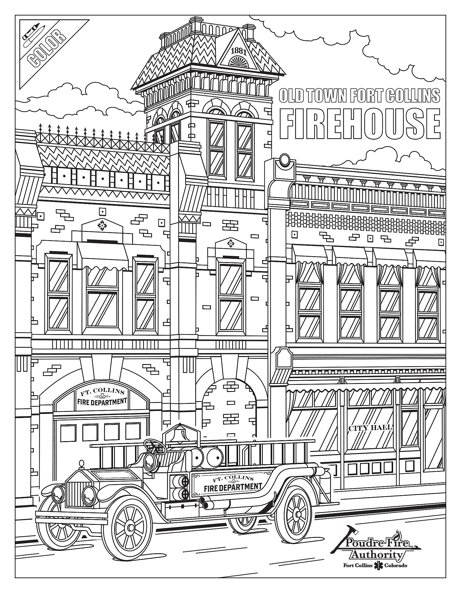 Coloring page illustration for PFA Fire Department's original firehouse, which inspired the firehouses at all Disney Parks - 2017