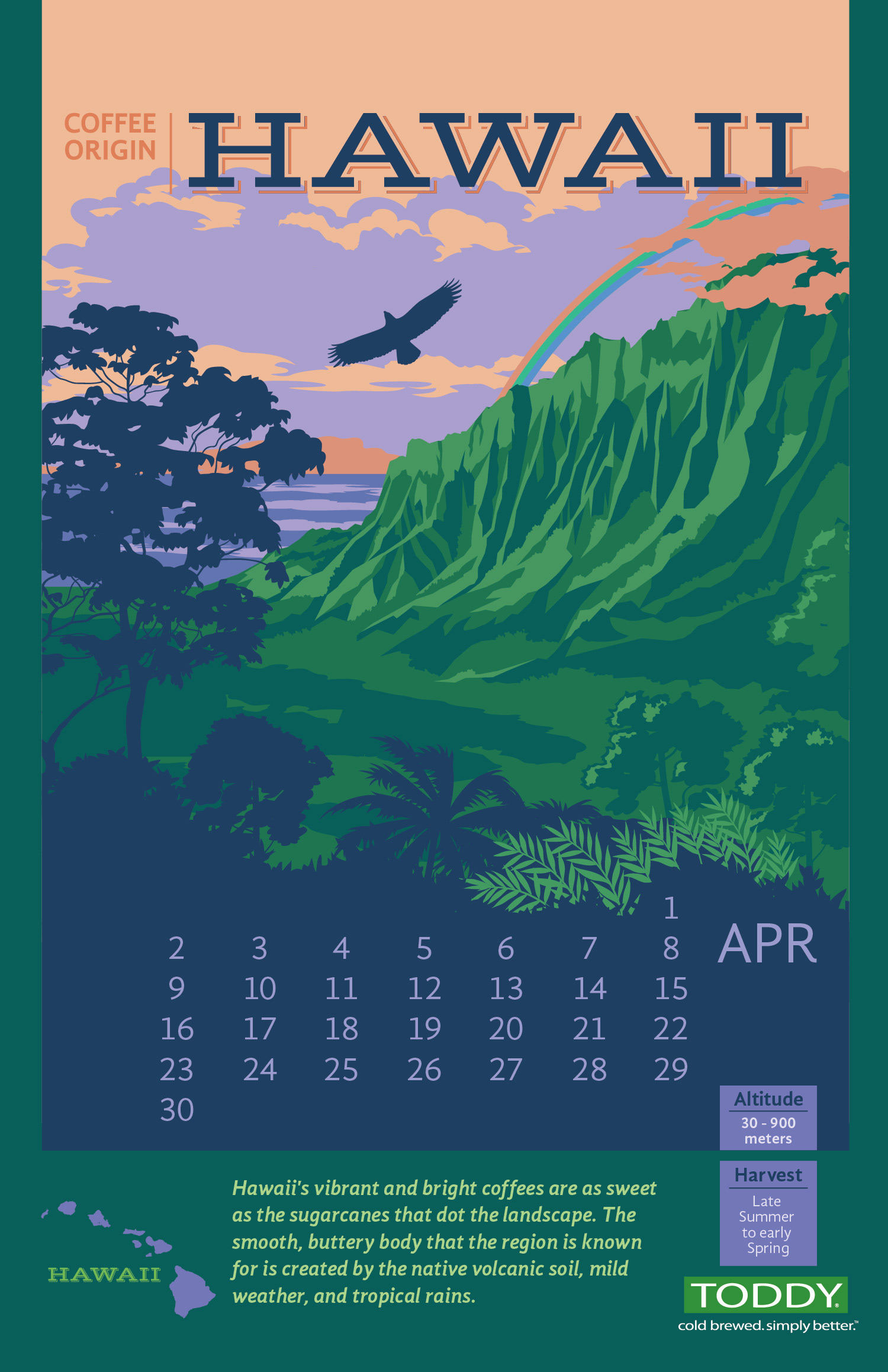 Sample page showcasing my illustration for Hawaii for Toddy Cold Brew calendar - 2017