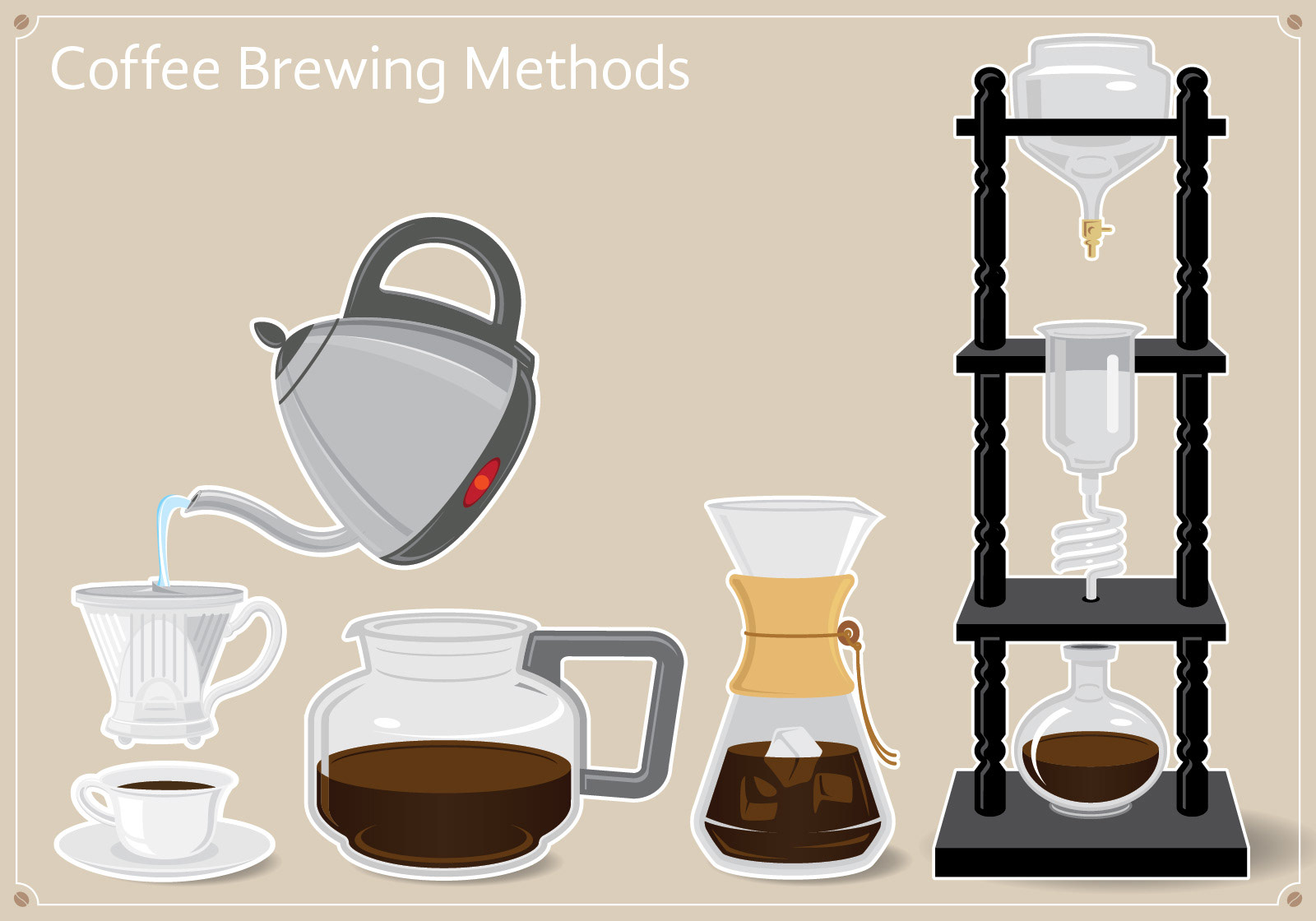 Custom illustrations of various coffee brewing methods for a coffee company