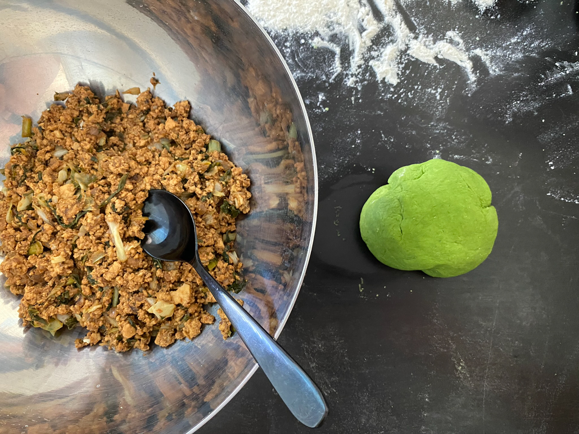 Veggie wonton mixture with yellow curry