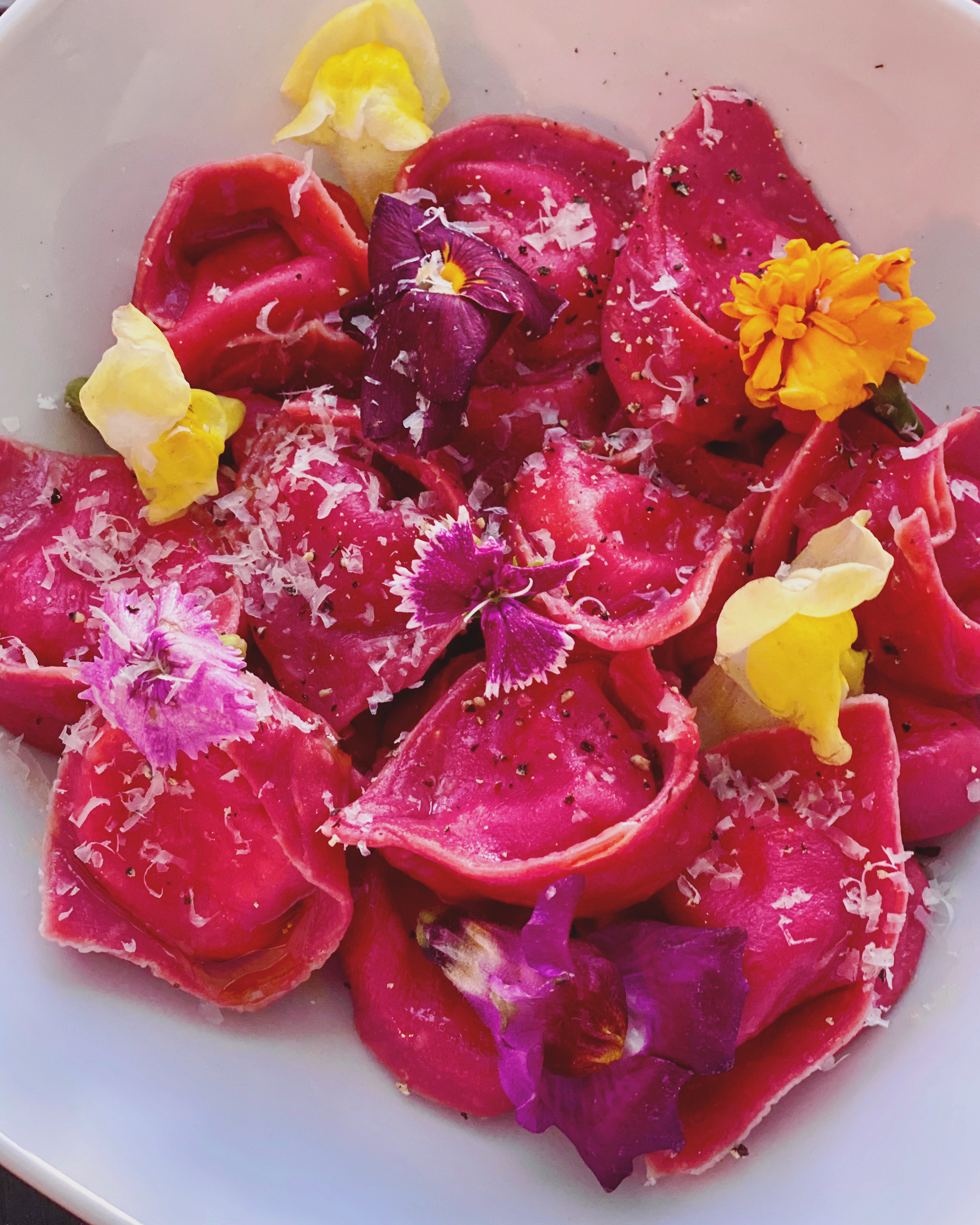 Beet colored tortellini with ricotta