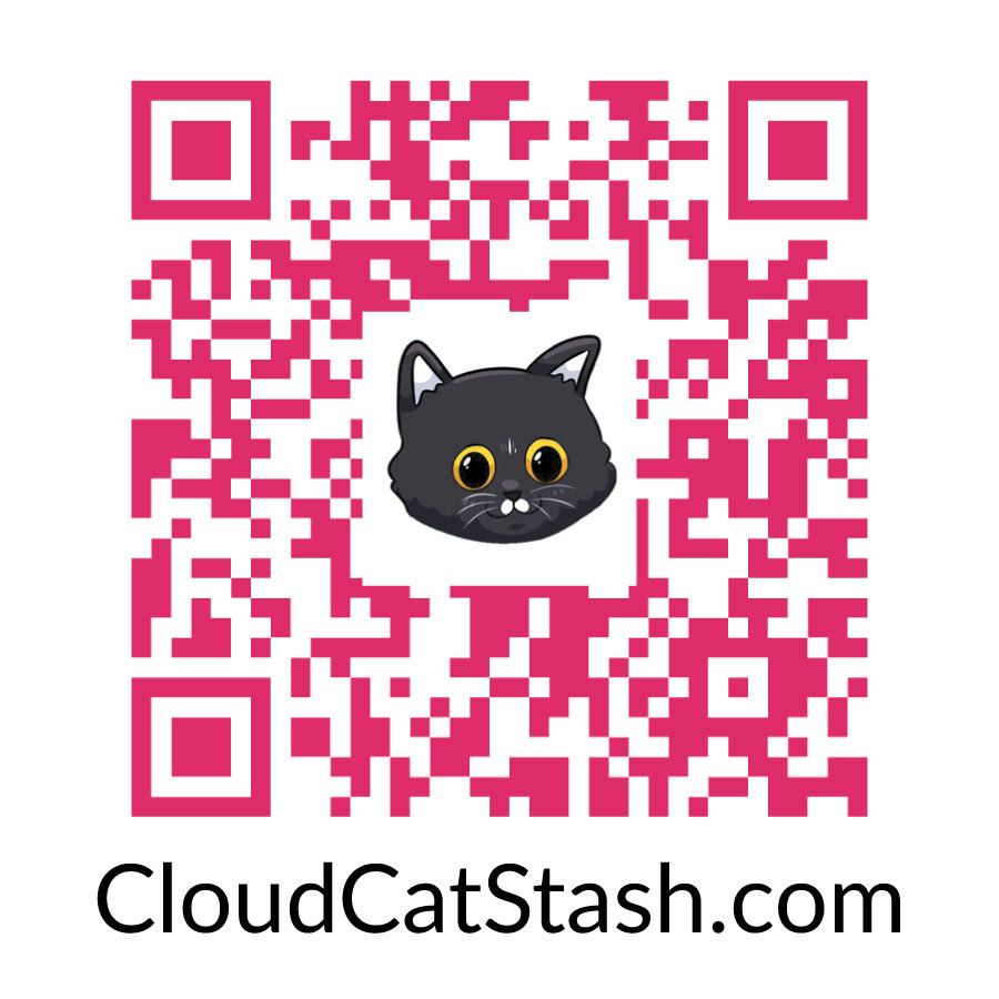 Square handout card with QR code for Cloud Cat contact info - back
