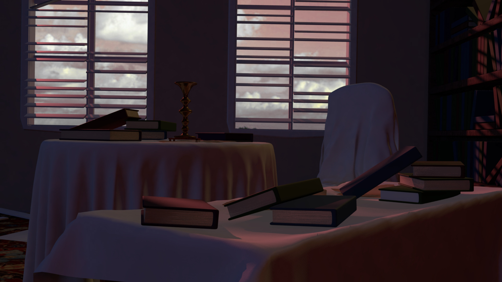 Lit to match lighting at dusk, approximately 7 p.m. with a stylistic twist.