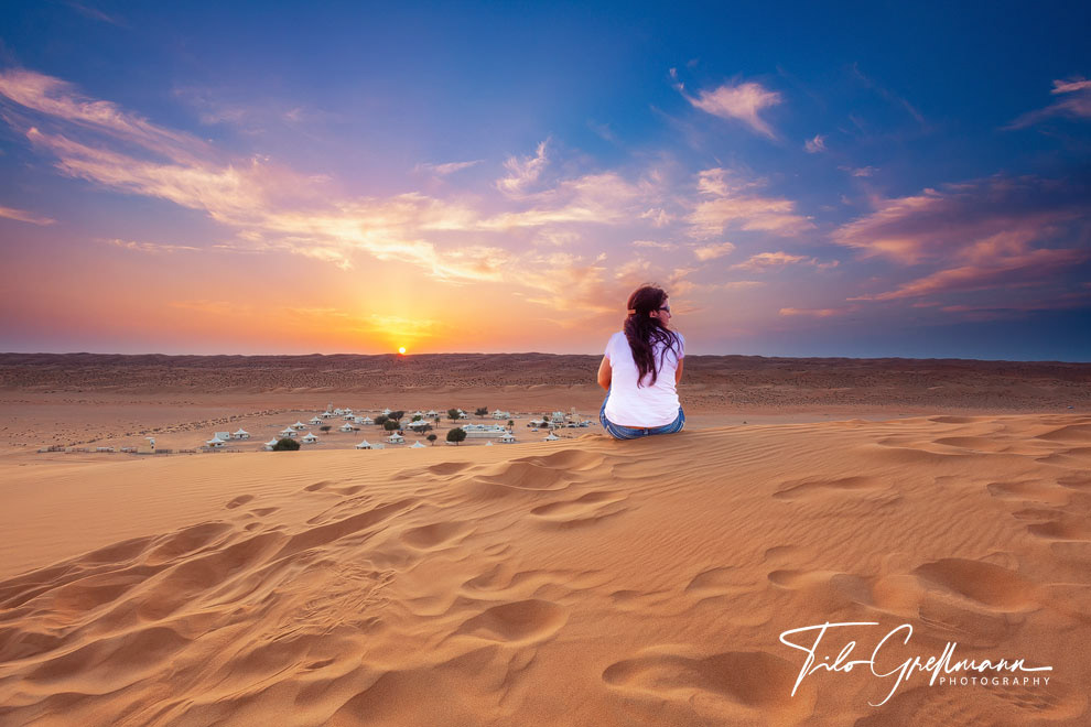 desert camp in Oman at sunset