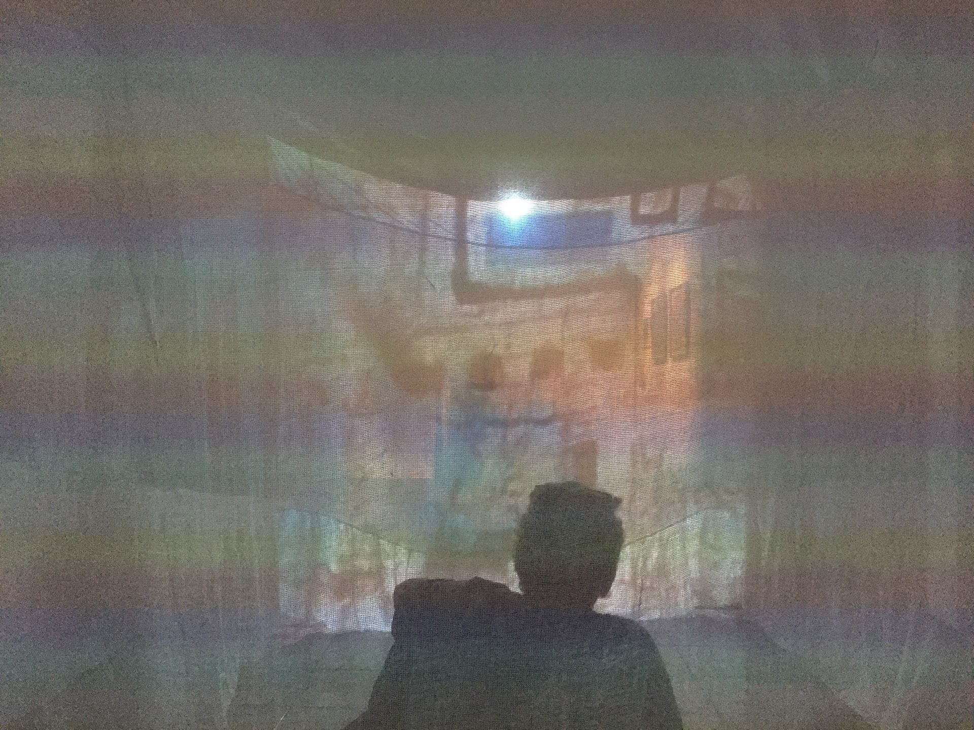 Viewing the artwork projection from within the mosquito net tent 