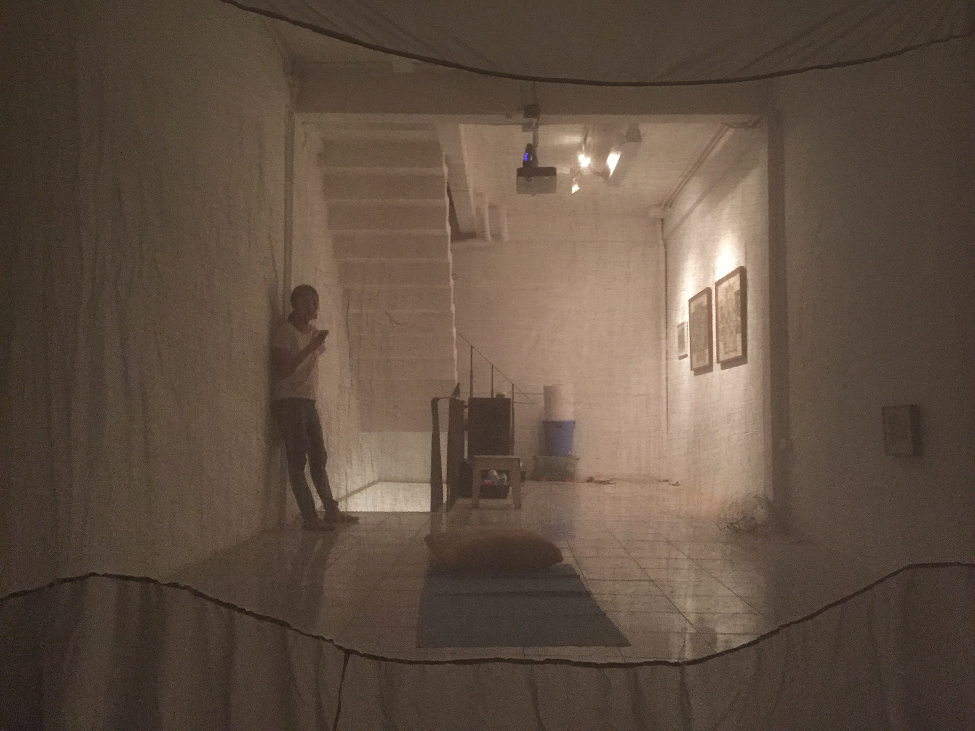 In progress - Interactive installation with mosquito net tent and artwork projection