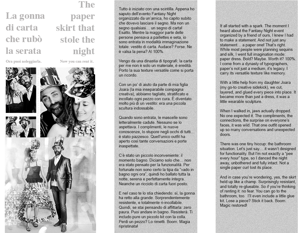 Bri e Alessandro indossano il vestito fatto di carta. C'è un articolo accanto