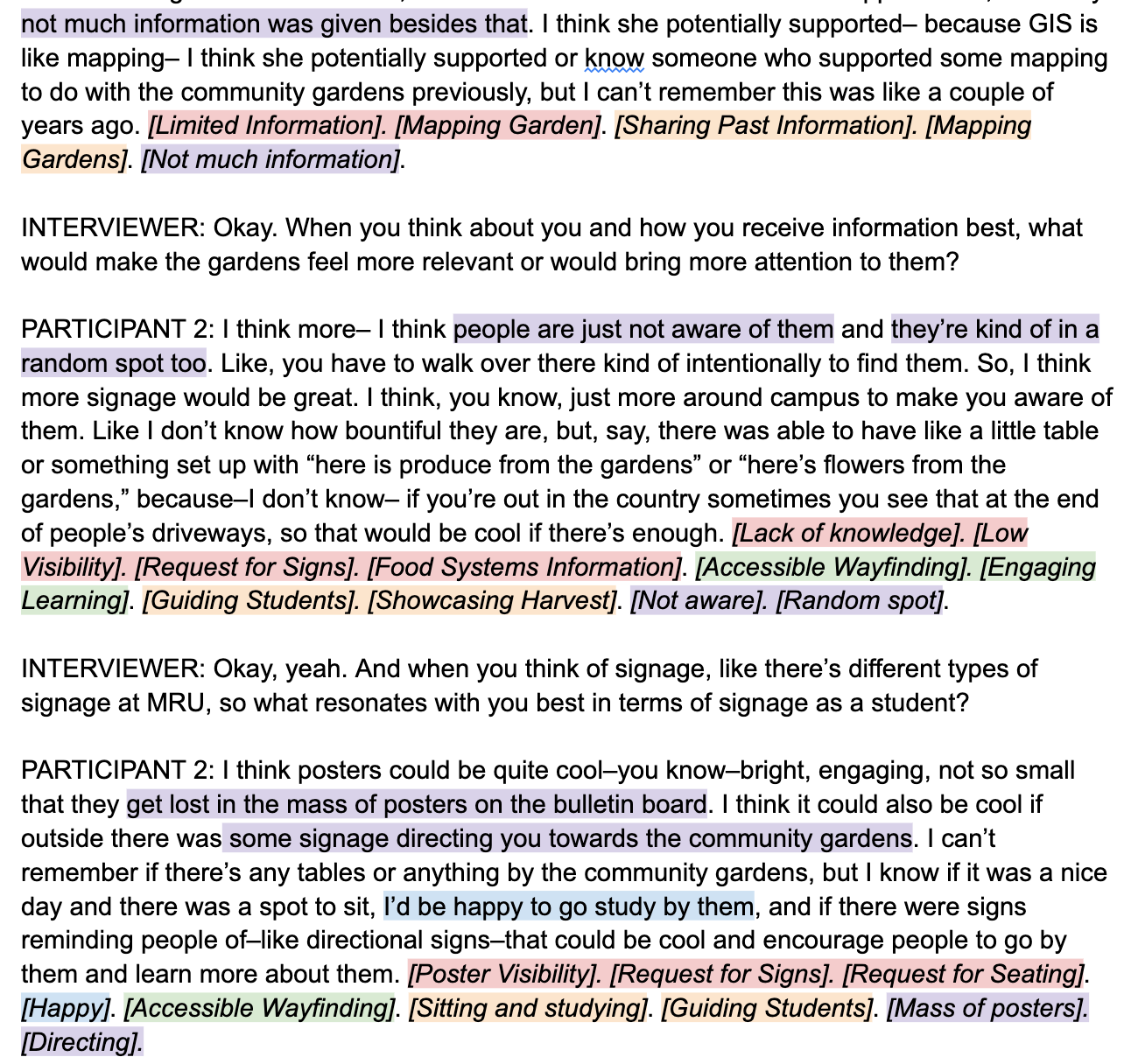 Initial coding in participant transcripts
