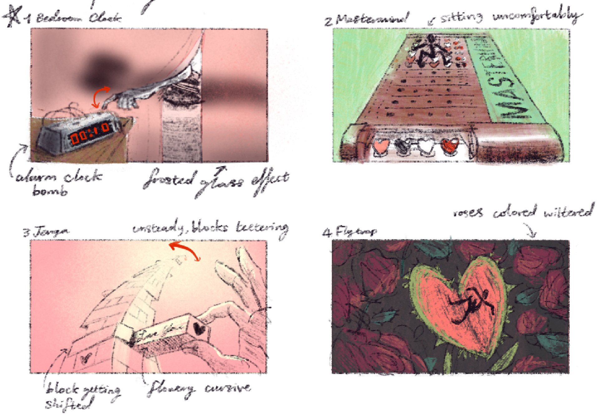 Preliminary thumbnails with notes.