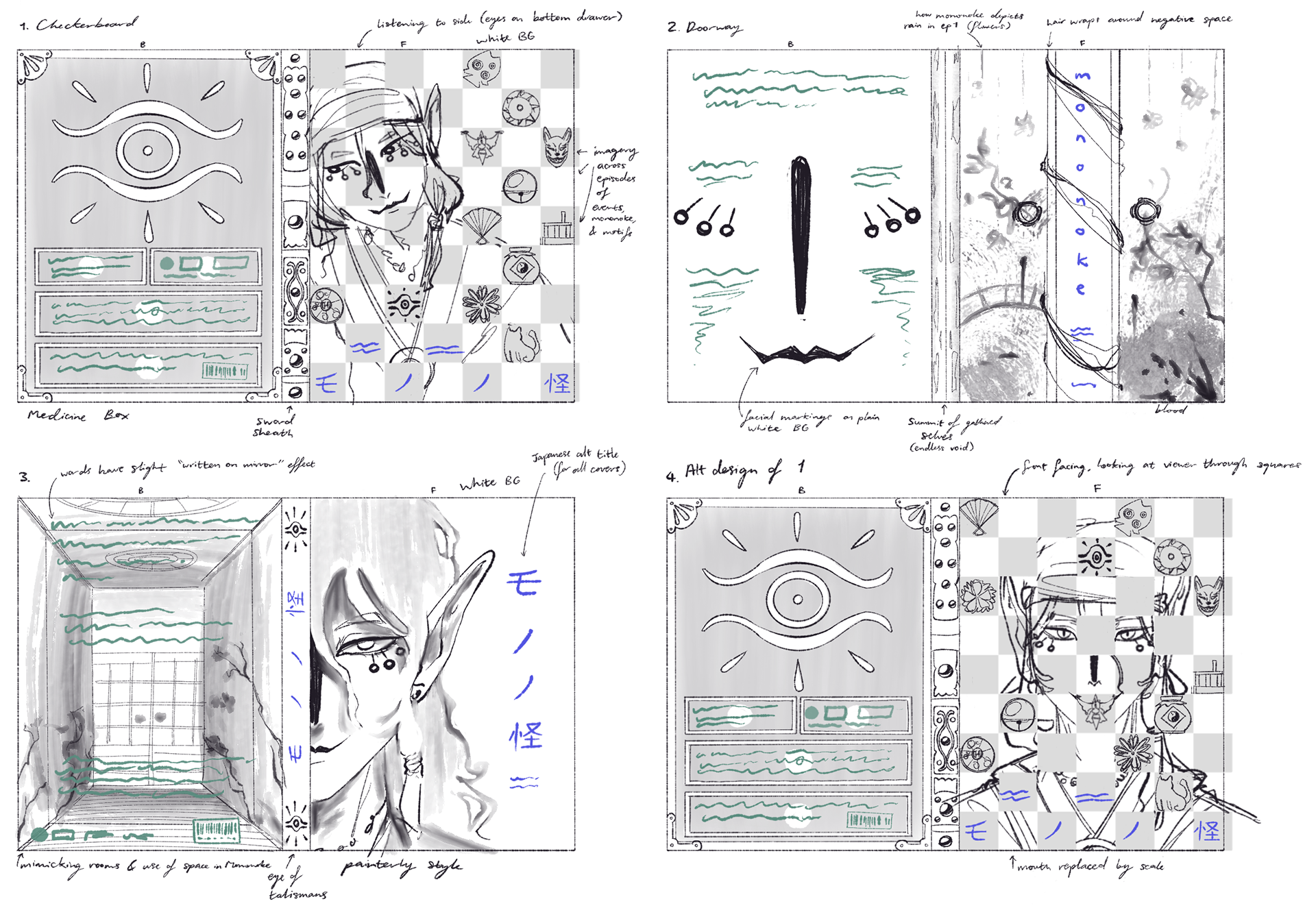 Preliminary thumbnails with notes.