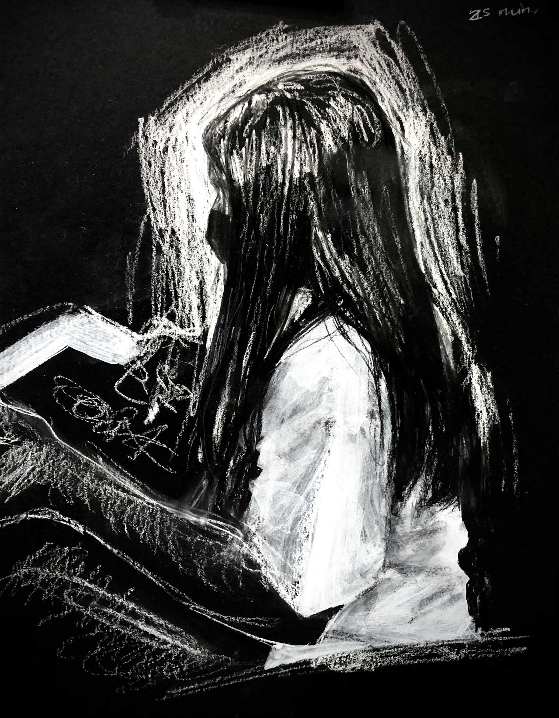 Timed Figure Drawing, White Charcoal on Black Paper, 2022.