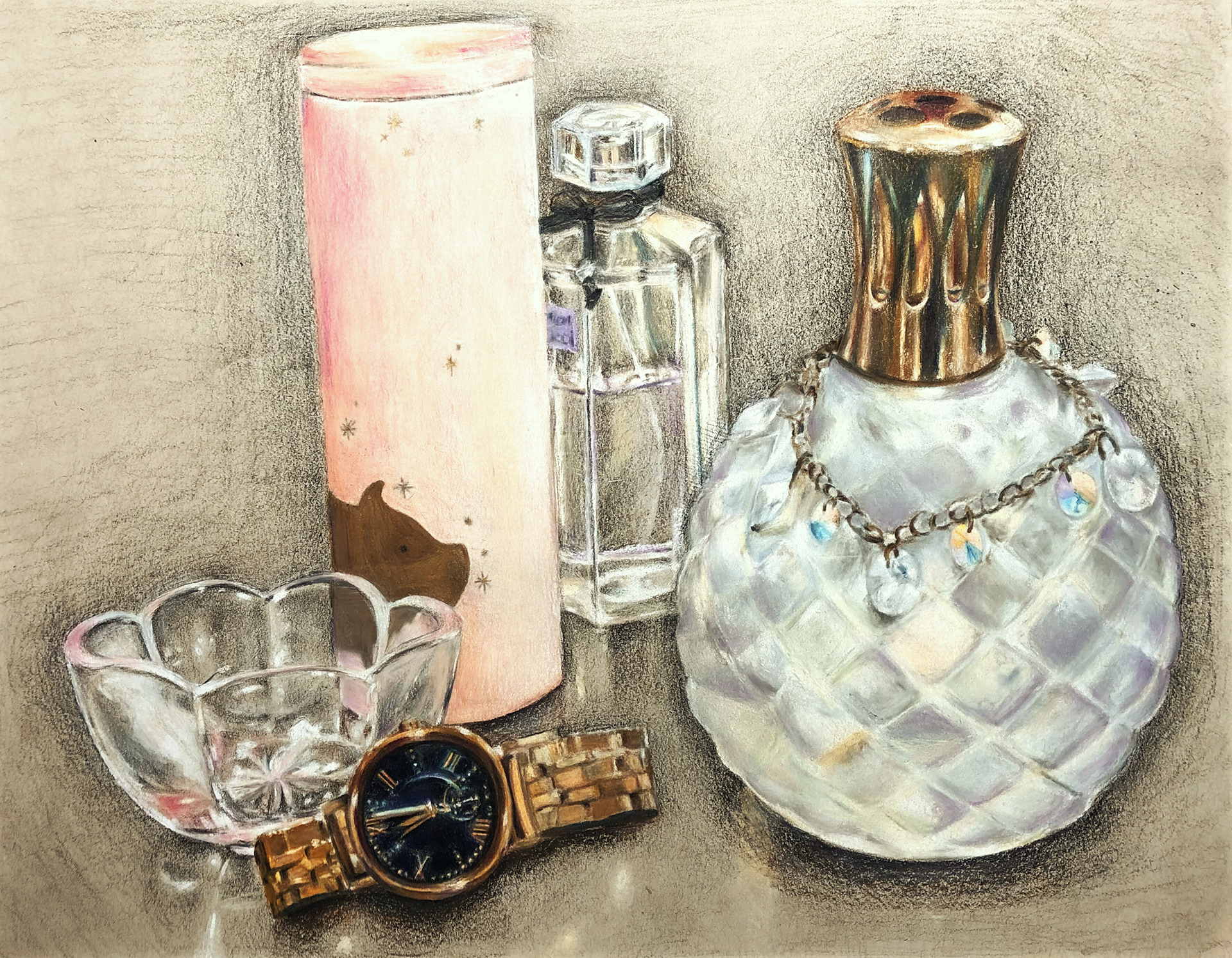 Glass Still Life, Colored Pencil on Grey Paper, 2019.
