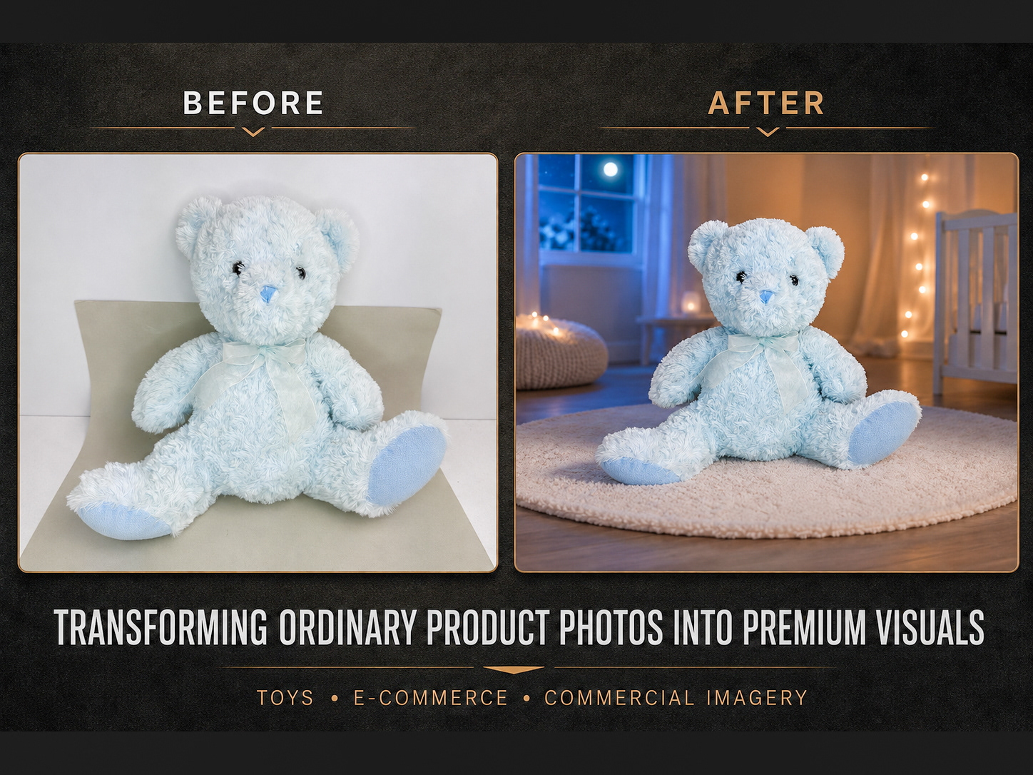 Before-and-after product image transformation showing a pale blue teddy bear moved from a plain studio background into a softly lit nursery setting.