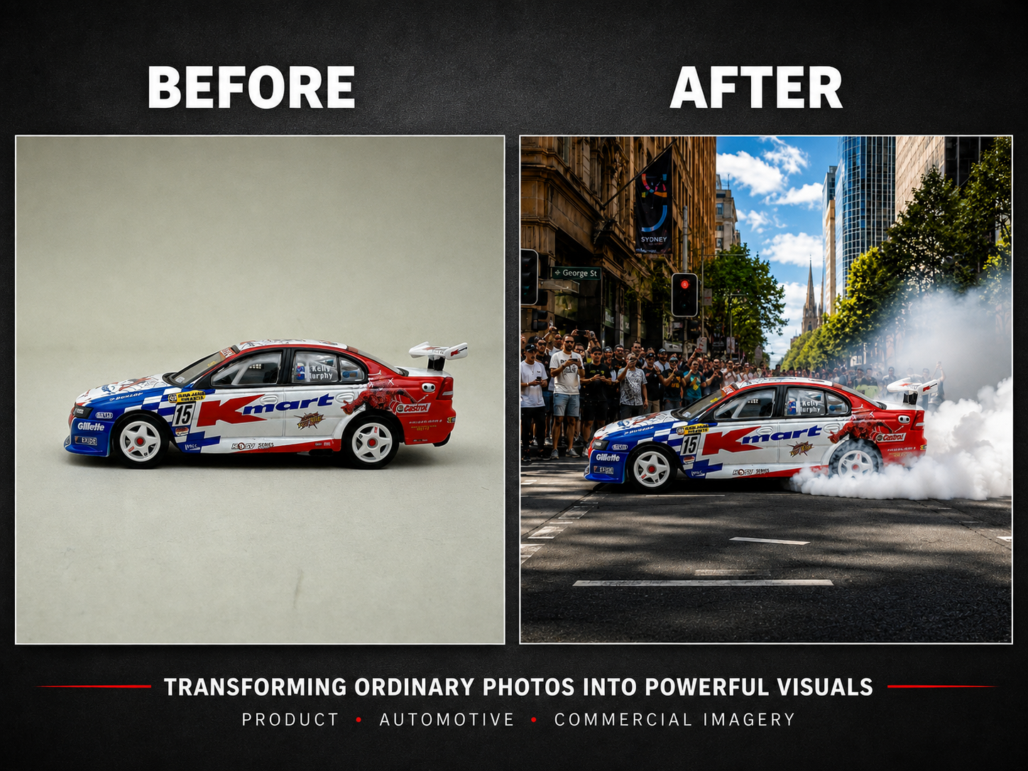 Before-and-after image transformation showing a red, white and blue Kmart-liveried No. 15 scale model race car, then placed in a city-street burnout scene with a crowd and tyre smoke.