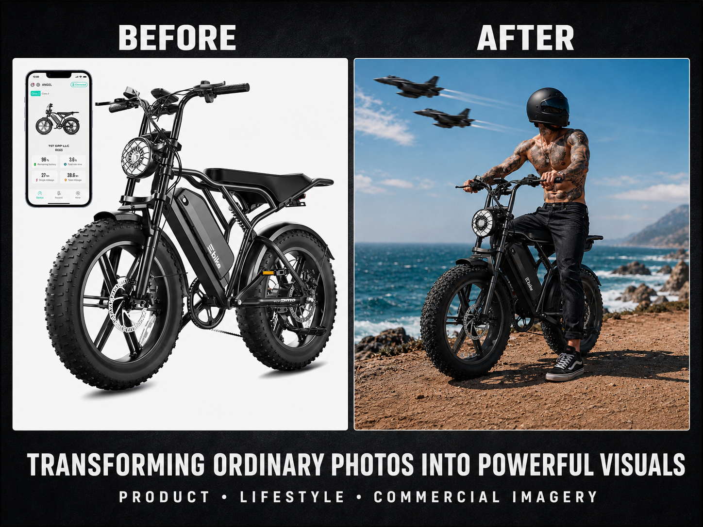 Before-and-after product image transformation showing a black fat-tyre electric bike with its mobile app, then staged with a helmeted rider in a coastal setting with aircraft overhead.