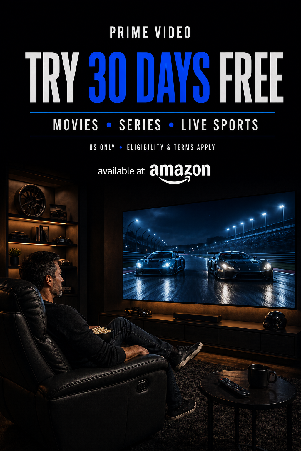 Pinterest promotional graphic for a Prime Video 30-day free trial in the United States, highlighting movies, series and live sports with eligibility and terms noted.