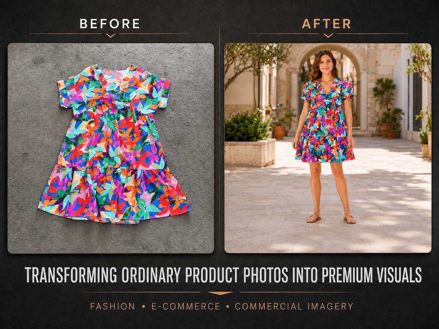 Before-and-after product image transformation showing a floral dress photographed flat and presented on a model in an outdoor fashion setting.