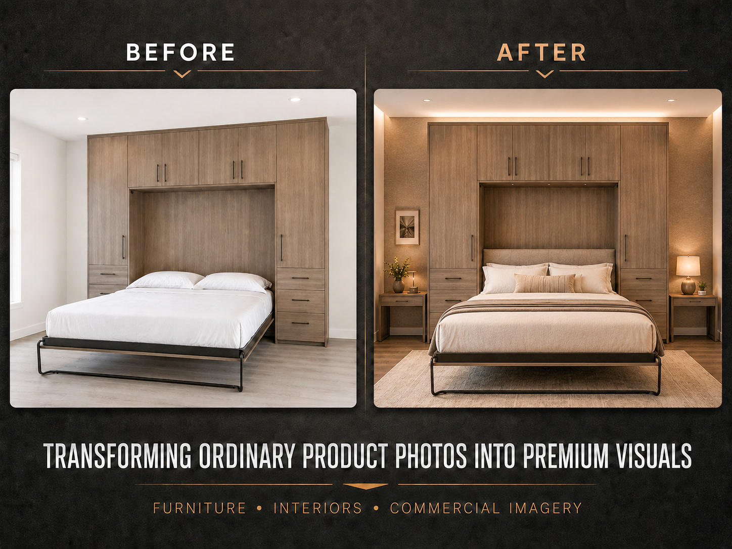 Before-and-after bedroom transformation showing a plain bed within timber cabinetry developed into a warmly lit, styled interior with finished bedding, bedside tables, lamps and a rug.