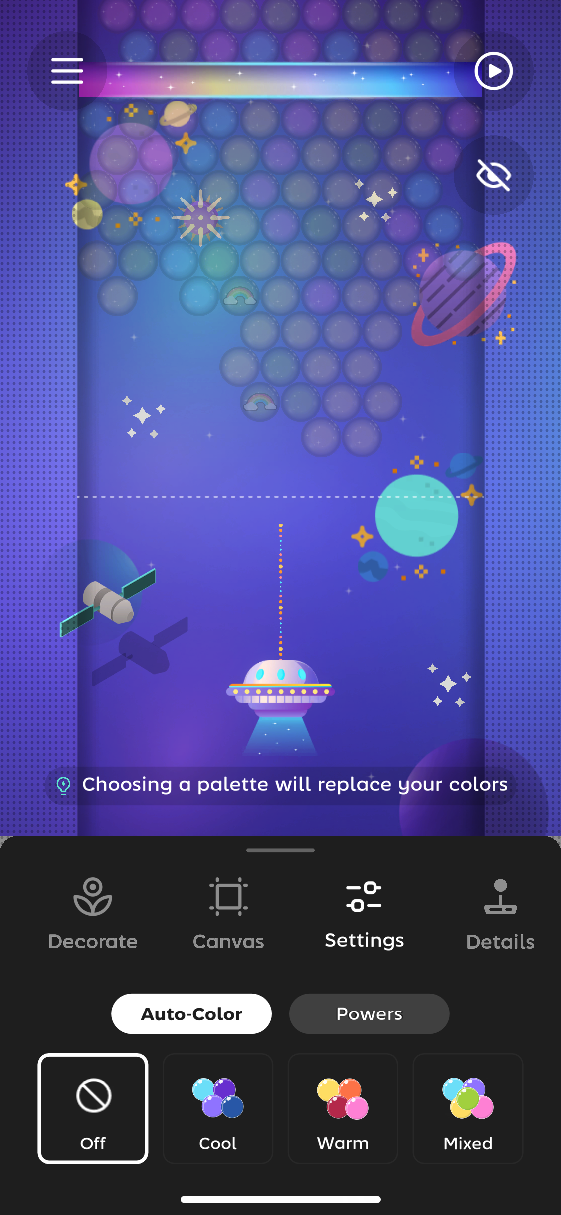Settings allow for random colourization of bubbles